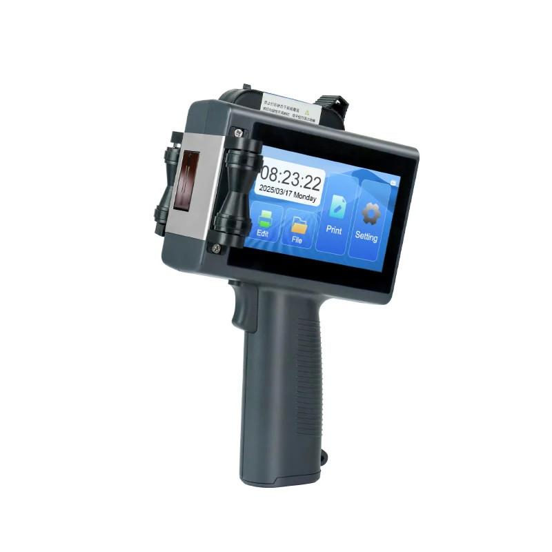 Handheld inkjet printer prints expiration date, batch number, date, brand logo