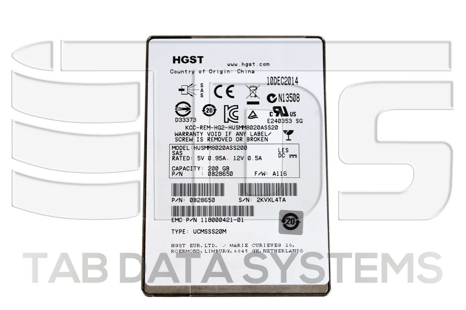 HGST Hitachi HUSMM8020ASS200 200GB 2.5" SAS SSD 0B28650