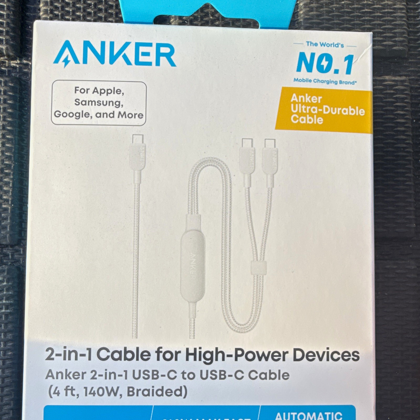 Anker 2-in-1 USB-C to USB-C 140W Braided Fast Charge Cable 4ft White