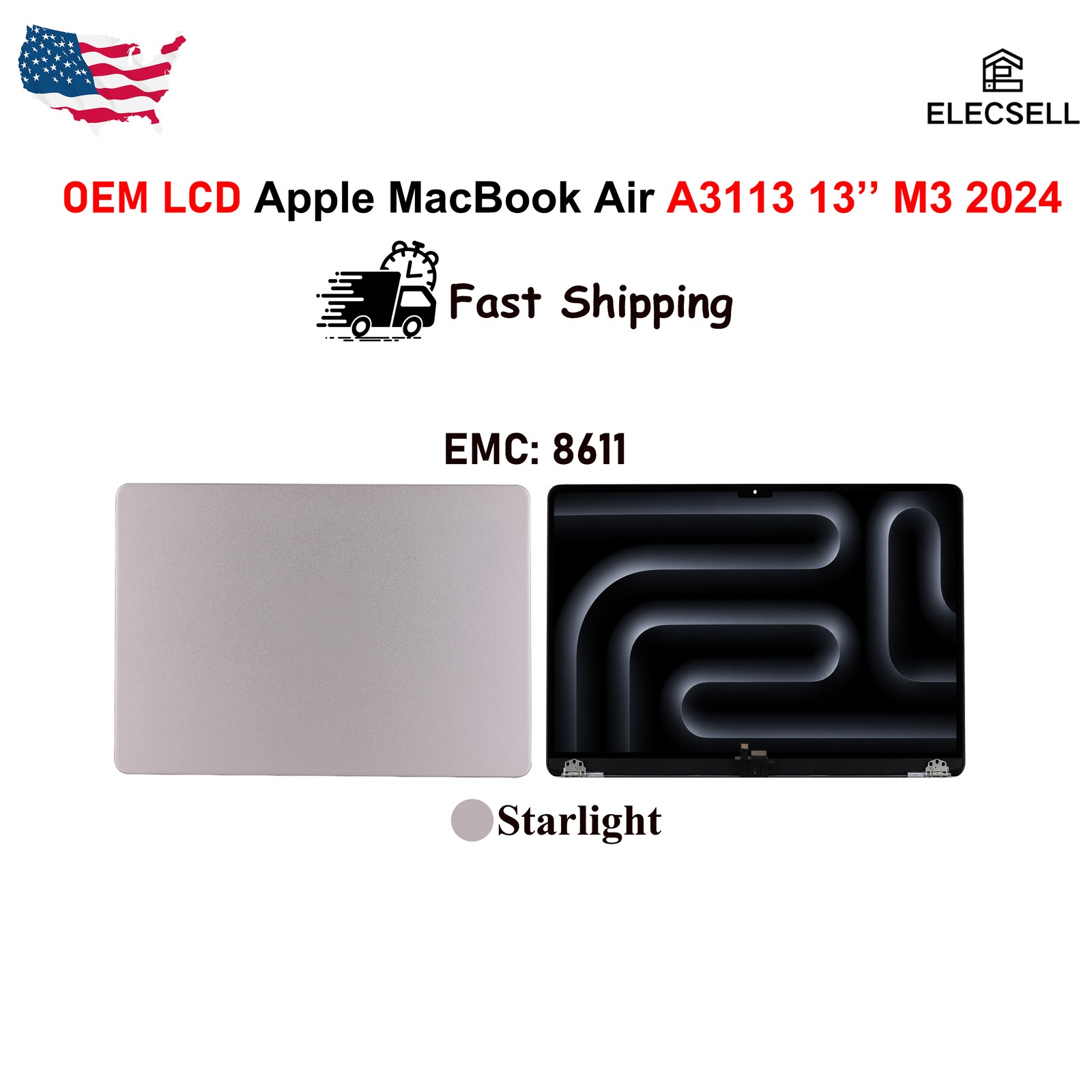 OEM LCD Display Screen For Apple MacBook Air A3113 13'' M3 2024 Starlight US
