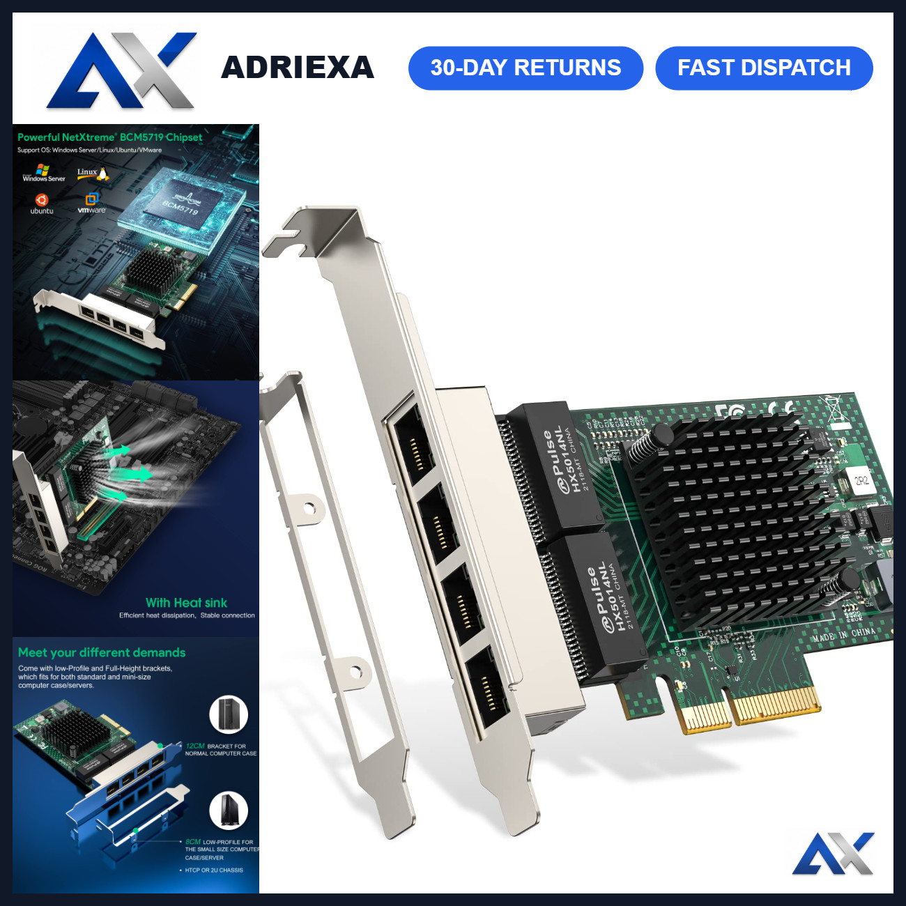 4 Port Gigabit Ethernet Card PCIe Network Adapter RJ45 BCM5719 - High-Speed Conn