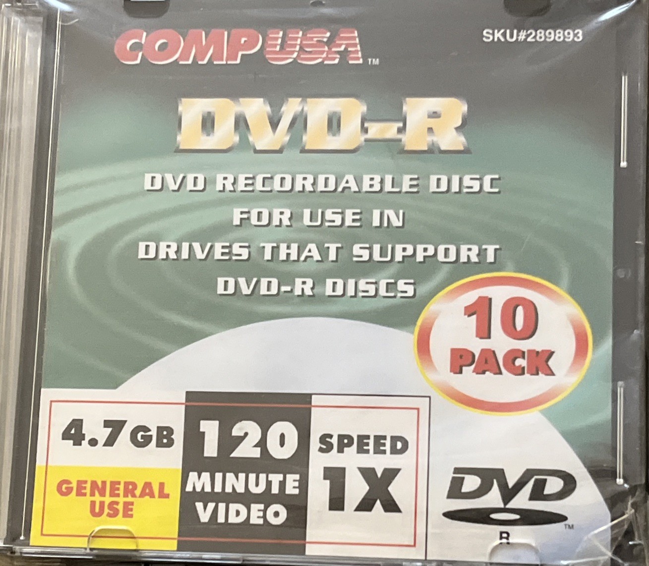 Comp USA 10 pack DVD-R 4.7 GB With Jewel Cases 120 Min, Damaged Factory Seal/New