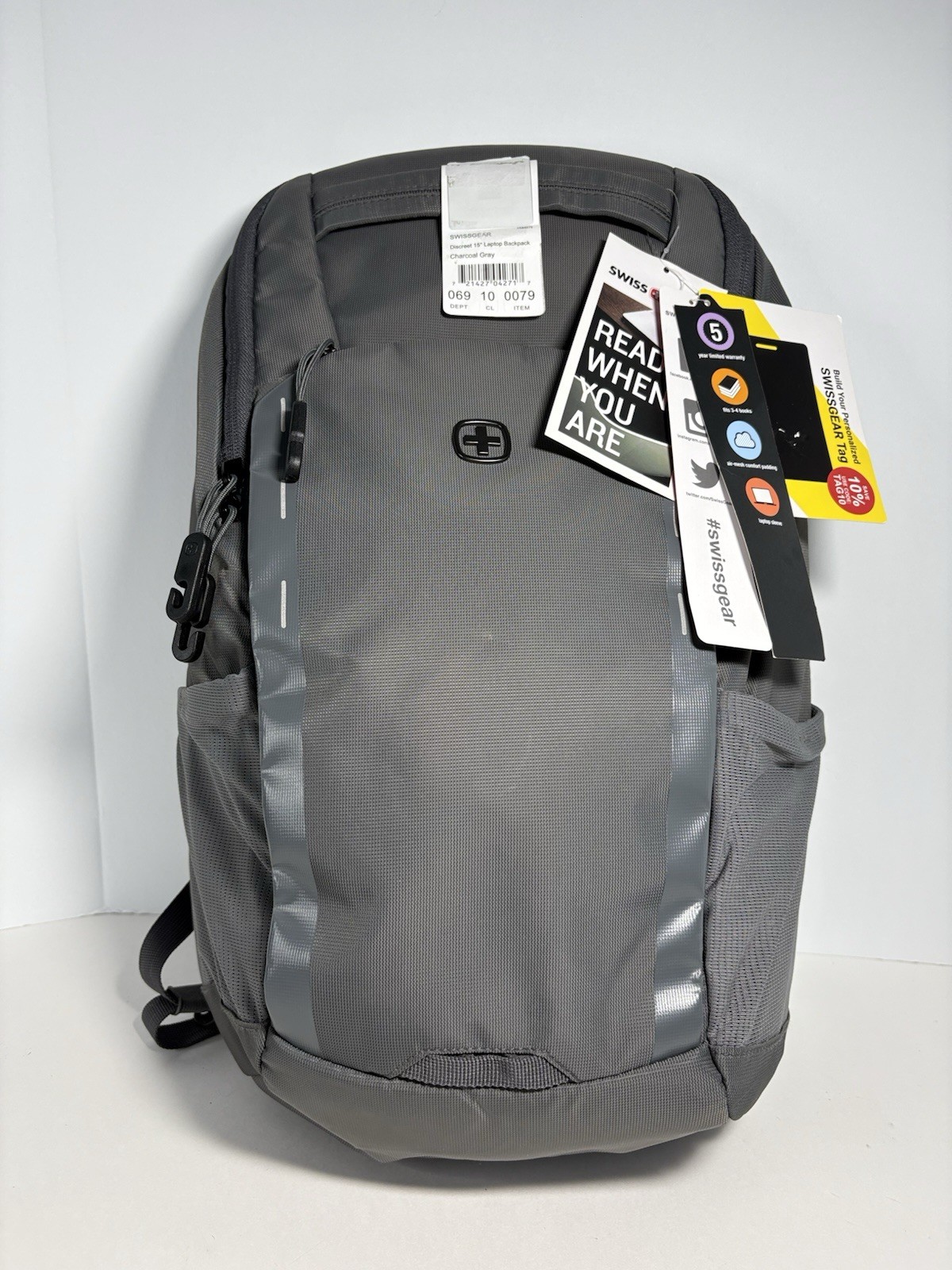 Swissgear Discreet 15" Laptop Backpack Travel Strap Padded Charcoal Gray Work