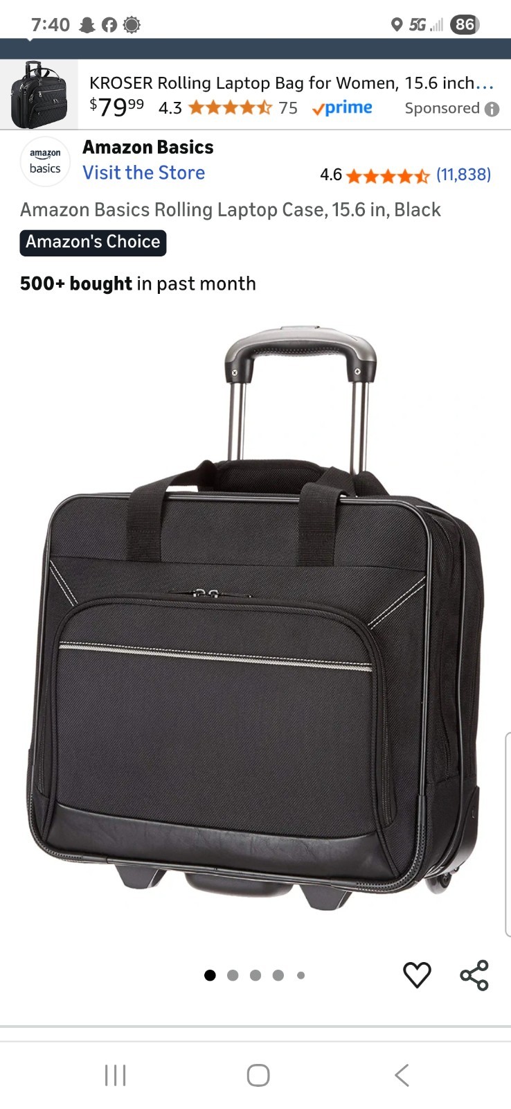 NEW Amazon basics black rolling laptop case 15.6 inch