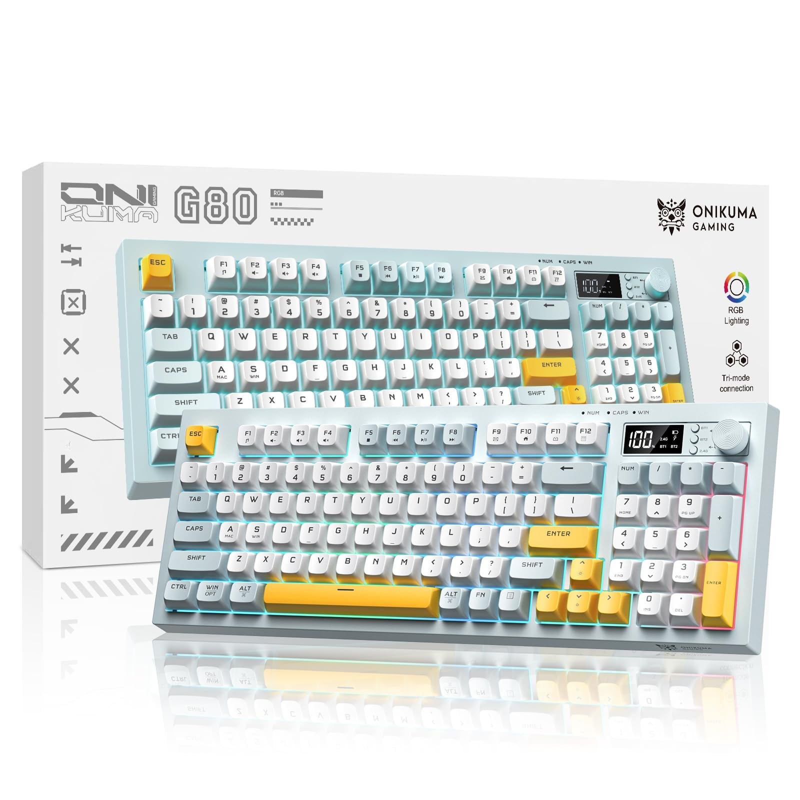 Tri-Mode Wireless Keyboard, BT/2.4G/Wired, Silent Membrane, RGB Backlit, Disp...