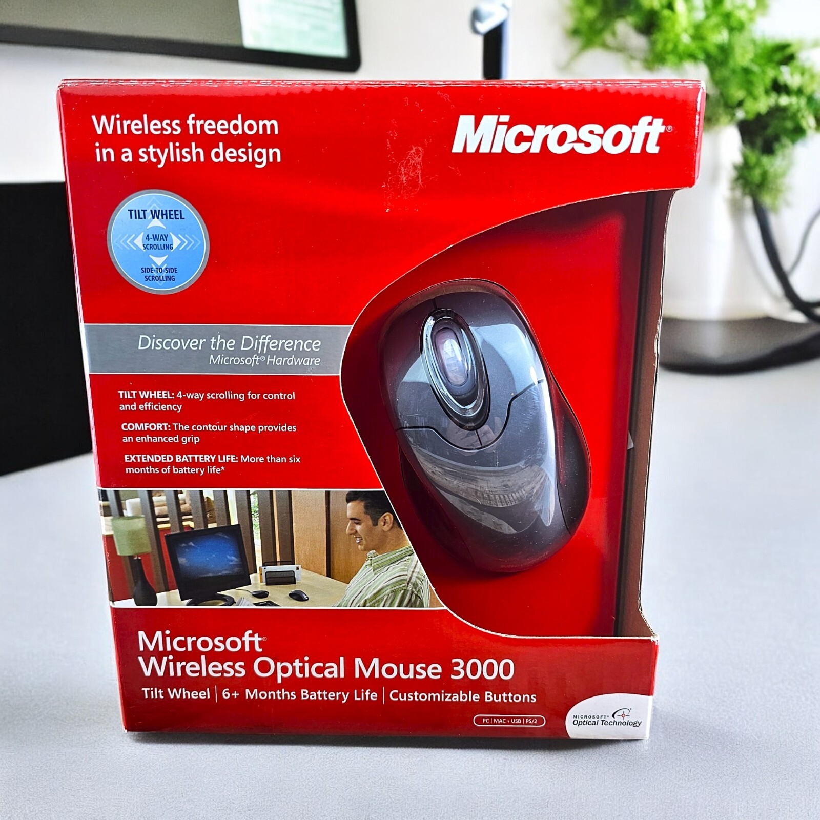 Microsoft Wireless Optical Mouse 3000 Silver Mac PC USB or PS/2 Tilt Wheel NOB