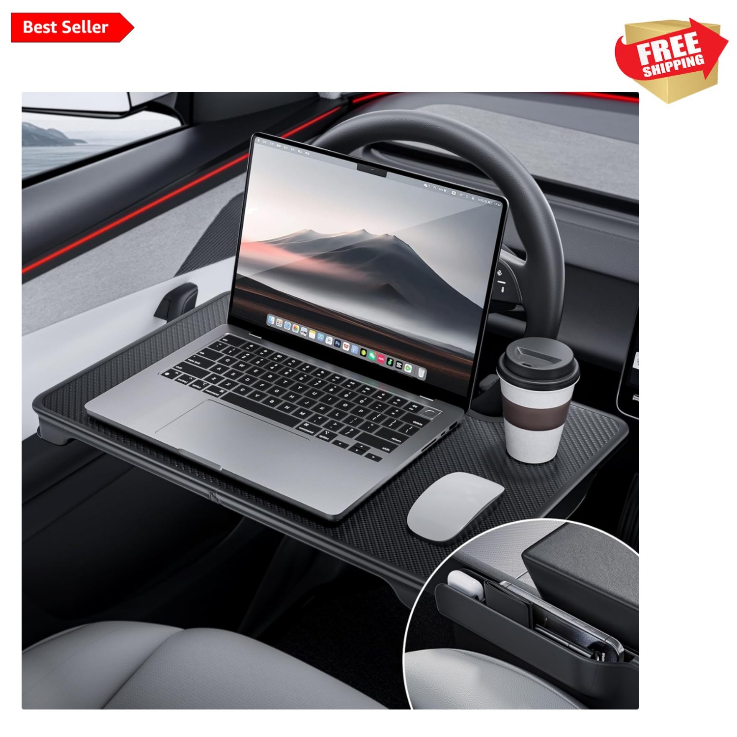 Sleek Carbon Fiber 2-in-1 Car Desk Tray & Organizer for Ultimate Convenience