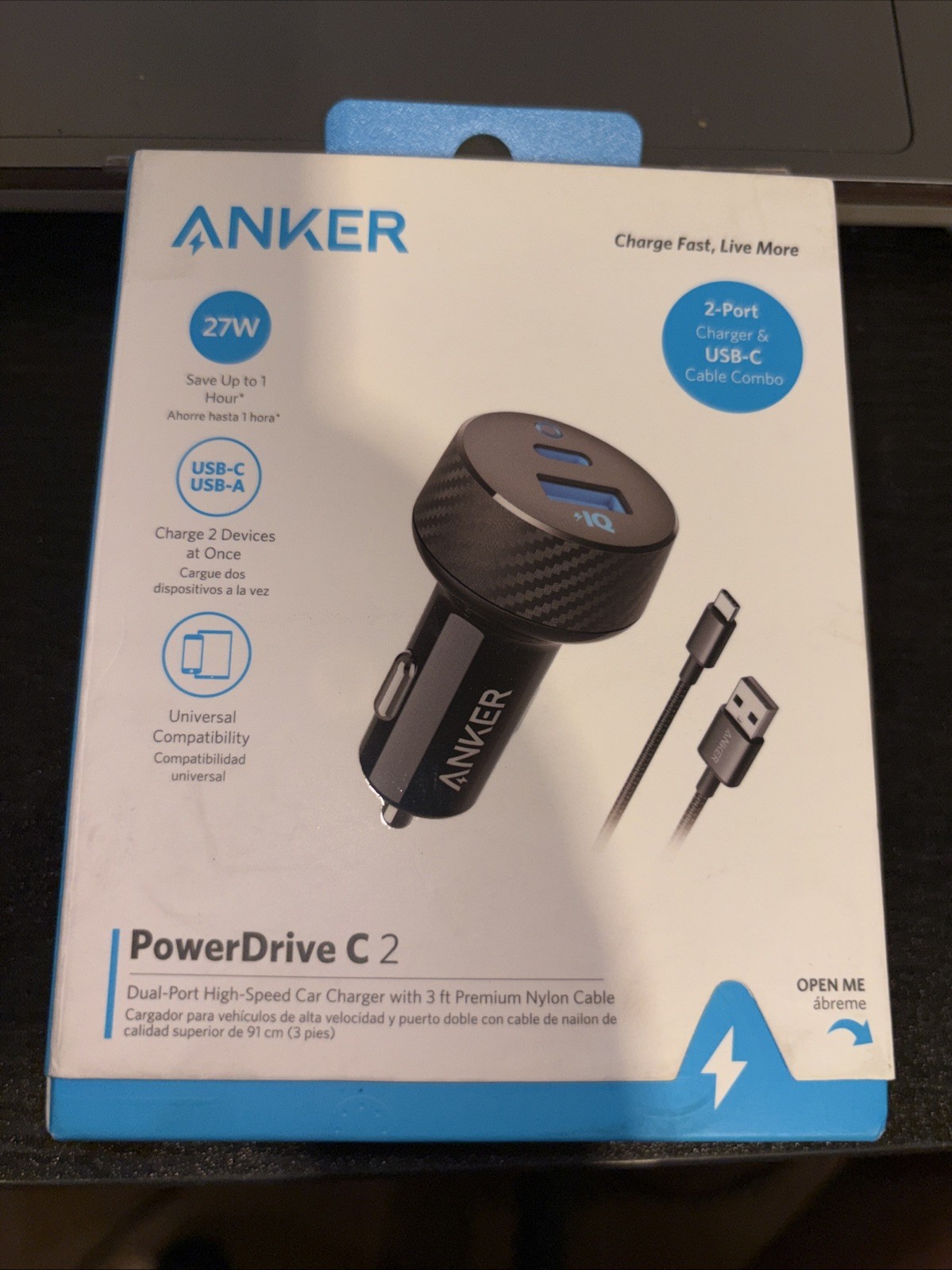 Anker PowerDrive C 2 Dual-Port High Speed Car Charger+USB-C 3ft Cable Combo F/S