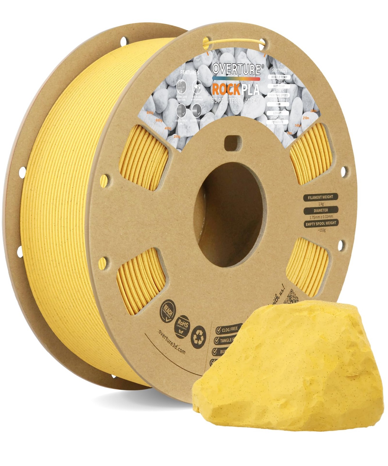OVERTURE Rock PLA Filament 1.75mm, Marble PLA 3D Printer Filament 1kg Spool