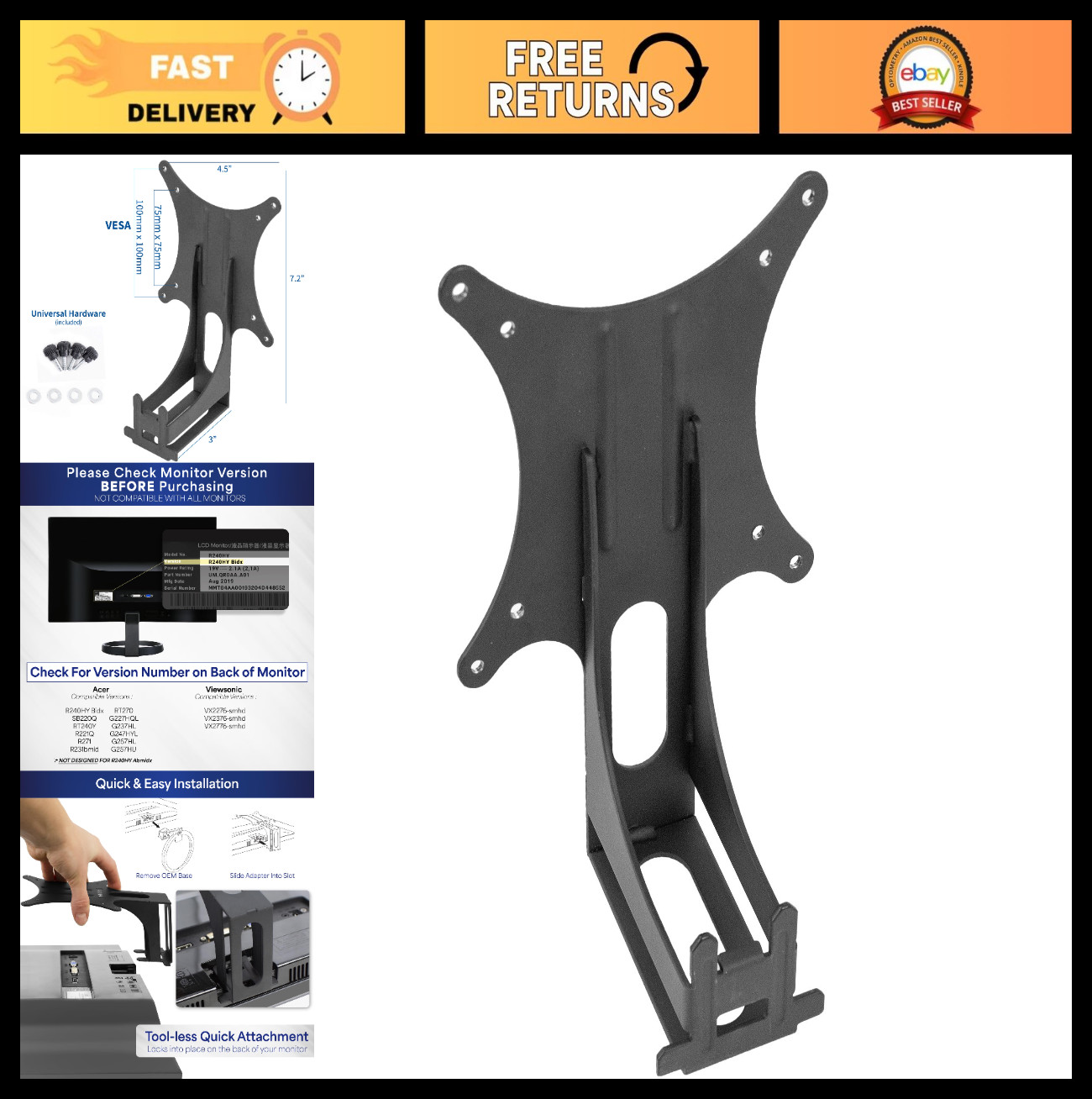 VESA Monitor Mount Adapter Plate for Acer Viewsonic R240HY SB220Q RT240Y - Black