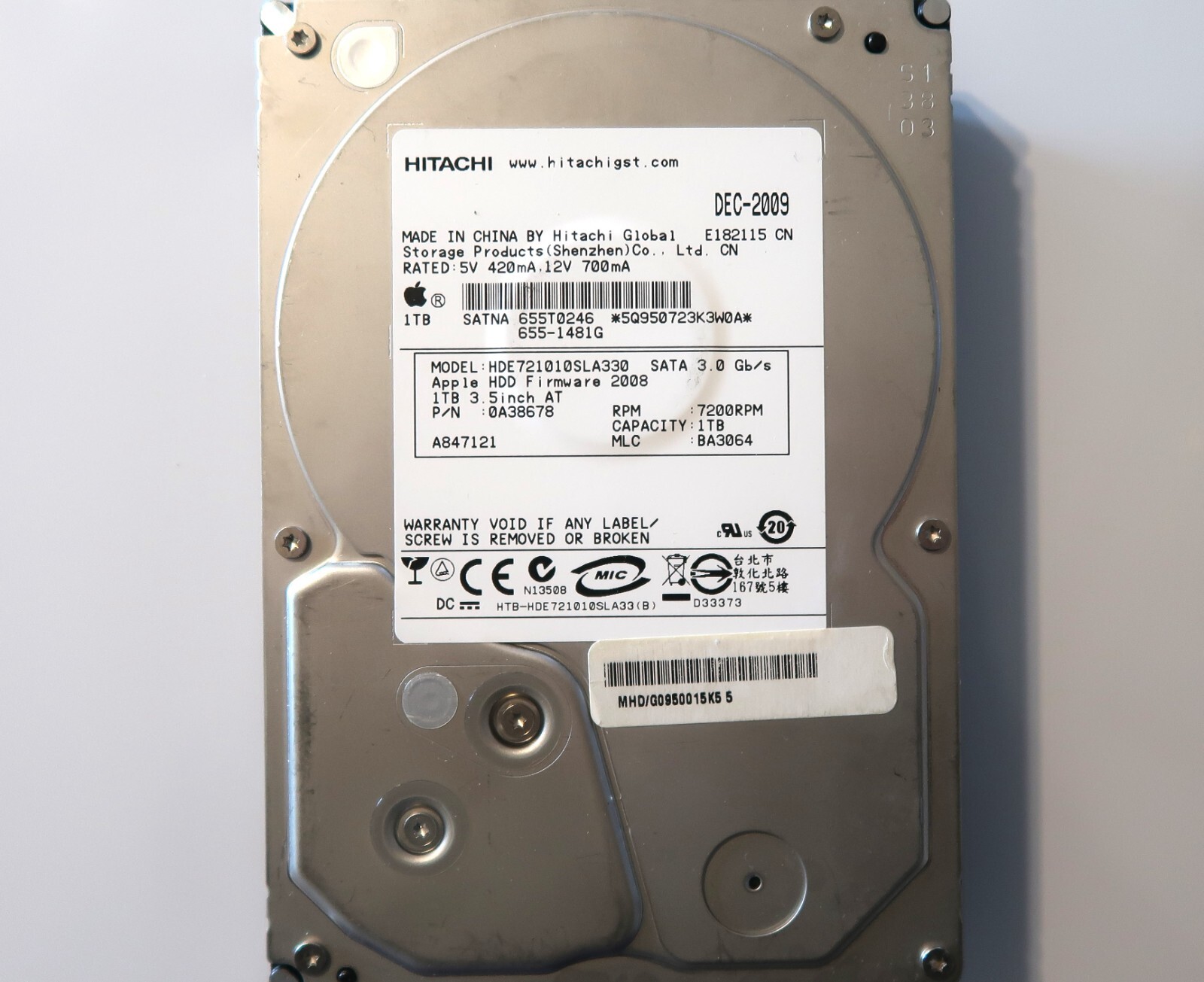 Hitachi HDE721010SLA330 0A38678 MLC:BA3064 (5Q95) China 3.5" 1.0TB Sata DEC-2009