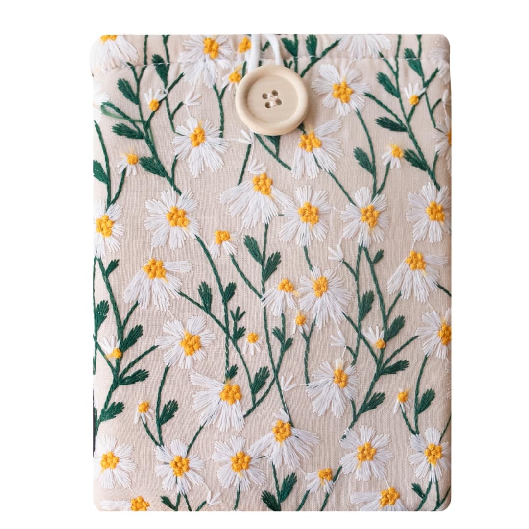 Embroidered Fabric Sleeve for Kindle Paperwhite Kindle Basic White & Beige Daisy