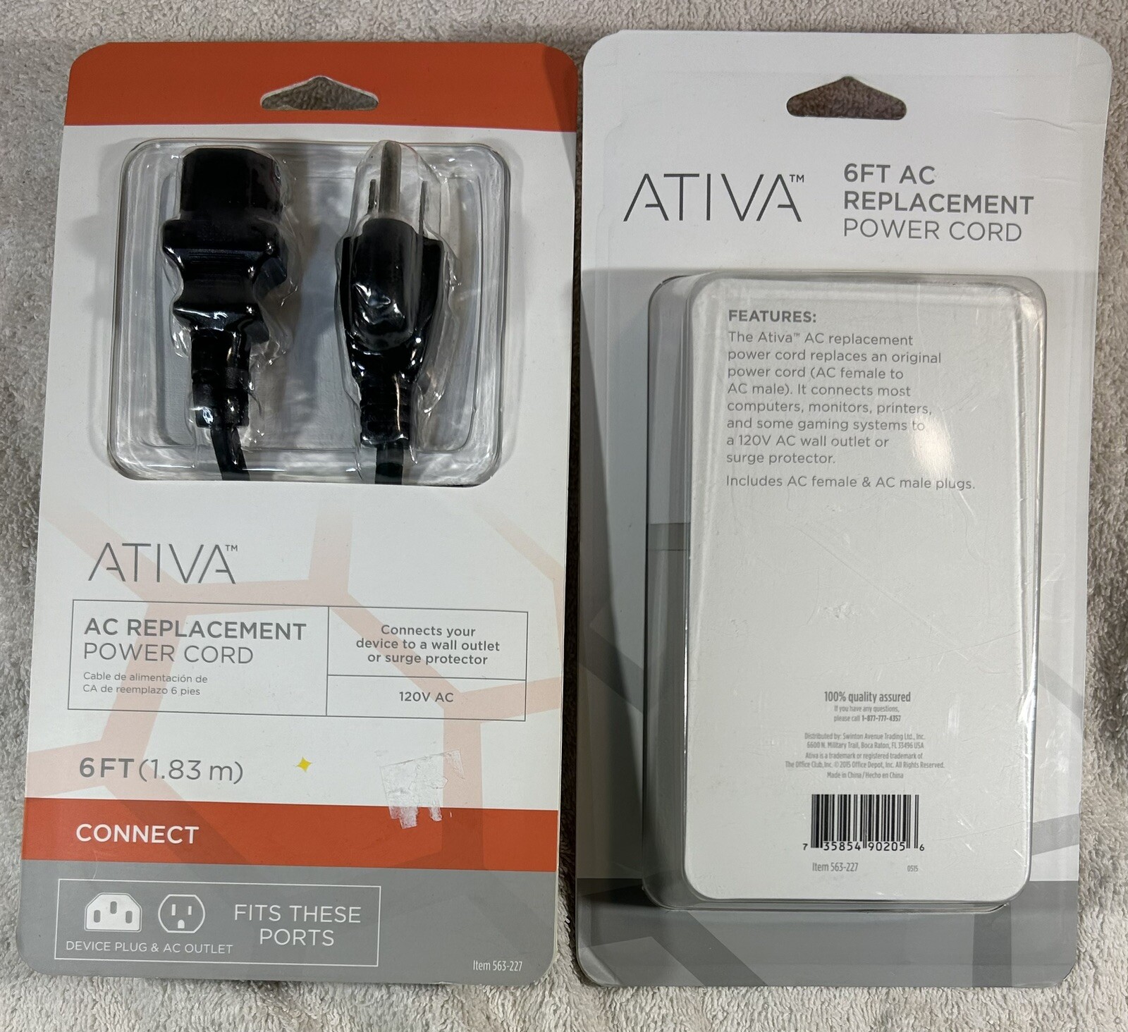 Ativa Universal AC Replacement Power Cords 6 Ft Unopened (x2 units)