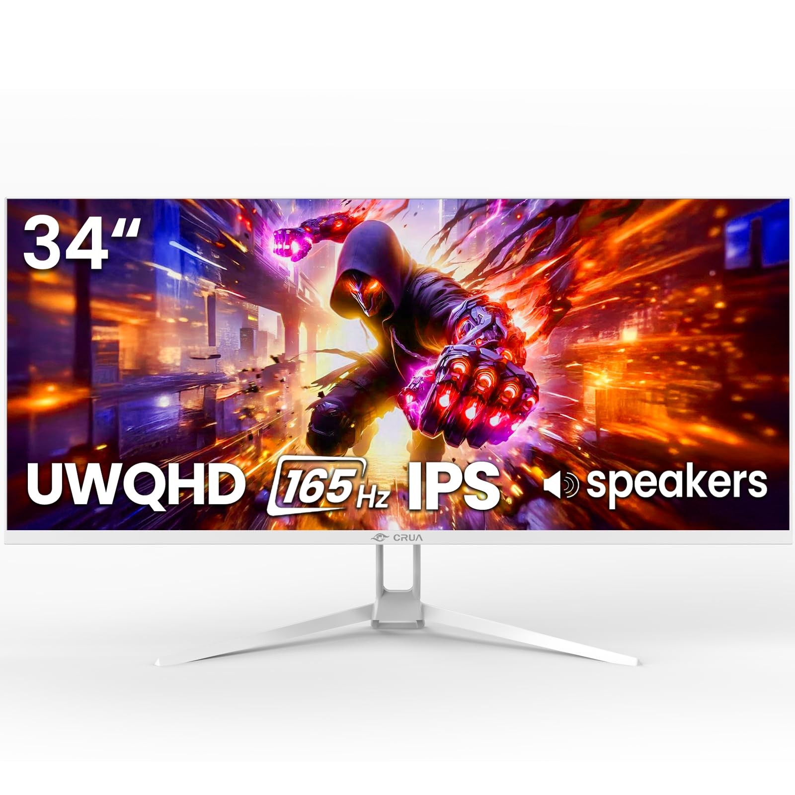 CRUA 34" WQHD 165Hz IPS Ultrawide Gaming Monitor, FreeSync, HDMI/DP, White