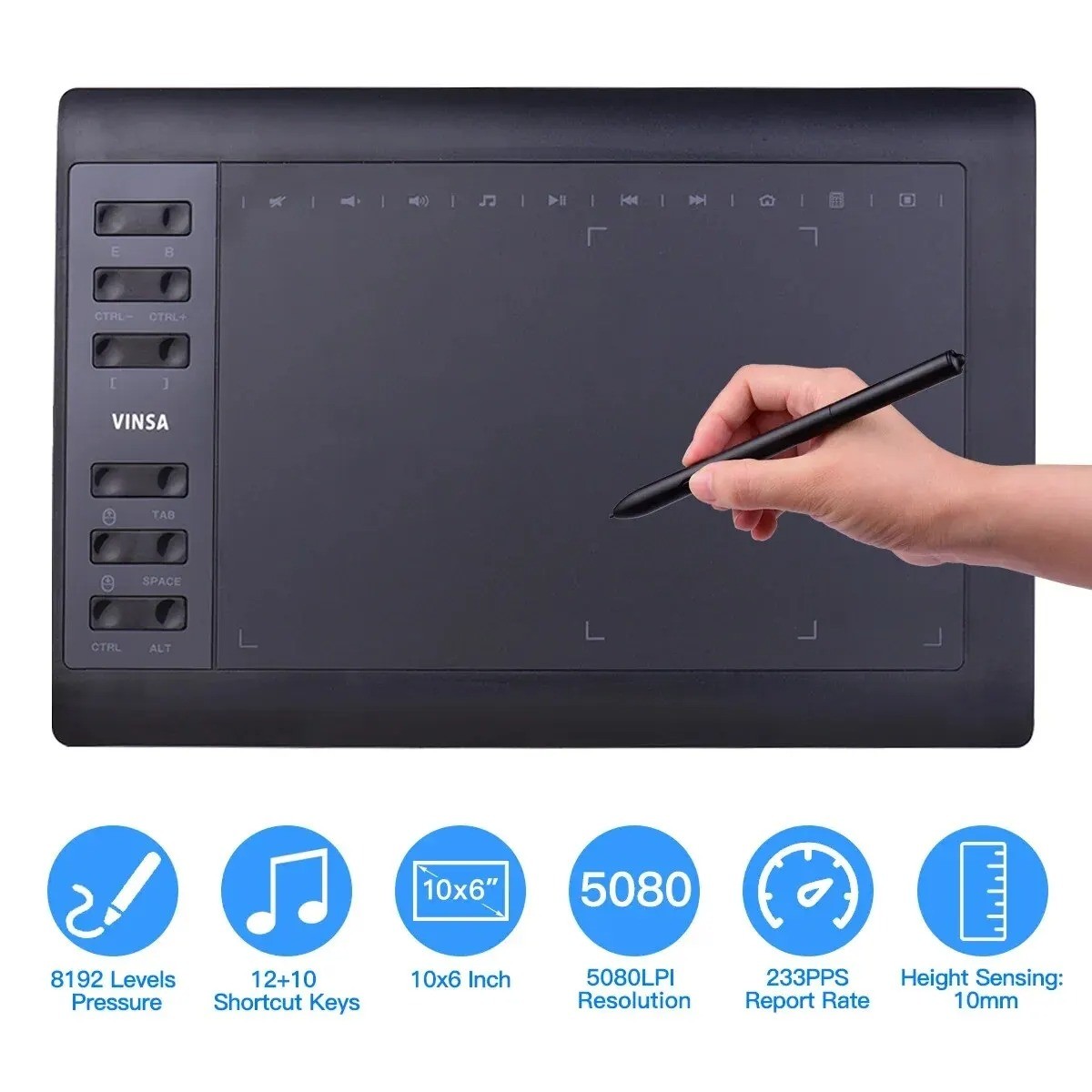Tablike Graphics Drawing Tablet 10x6in 8192 Levels 12 Express Keys Windows Mac