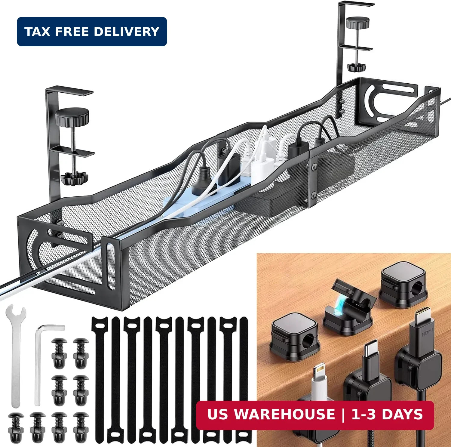 Cable Management Under Desk, 25.3'' No Drill Desk Cable Management Tray with Cla