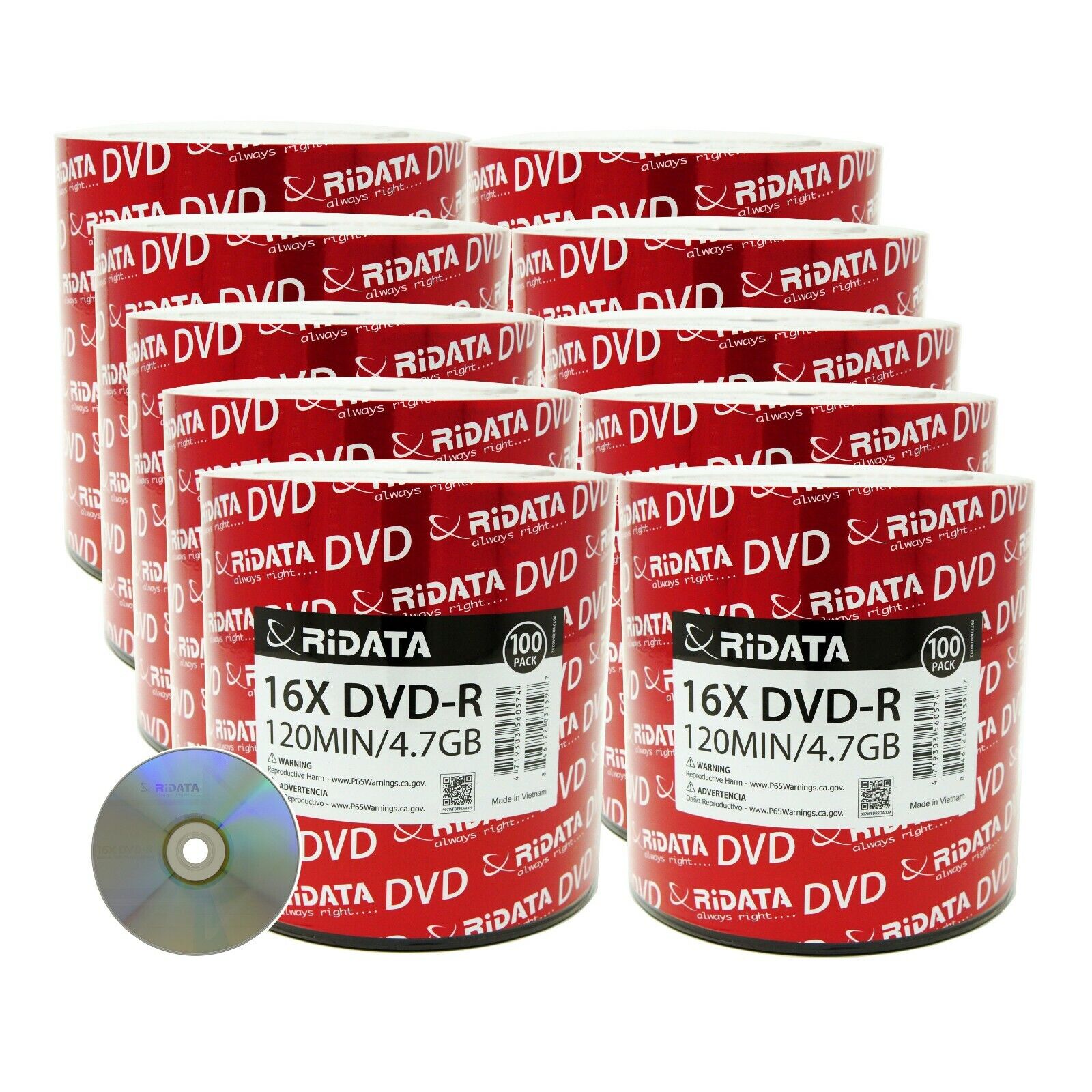 1000 Pack Ridata DVD-R 16X 4.7GB 120 Min Silver Logo Top Blank Recordable Disc