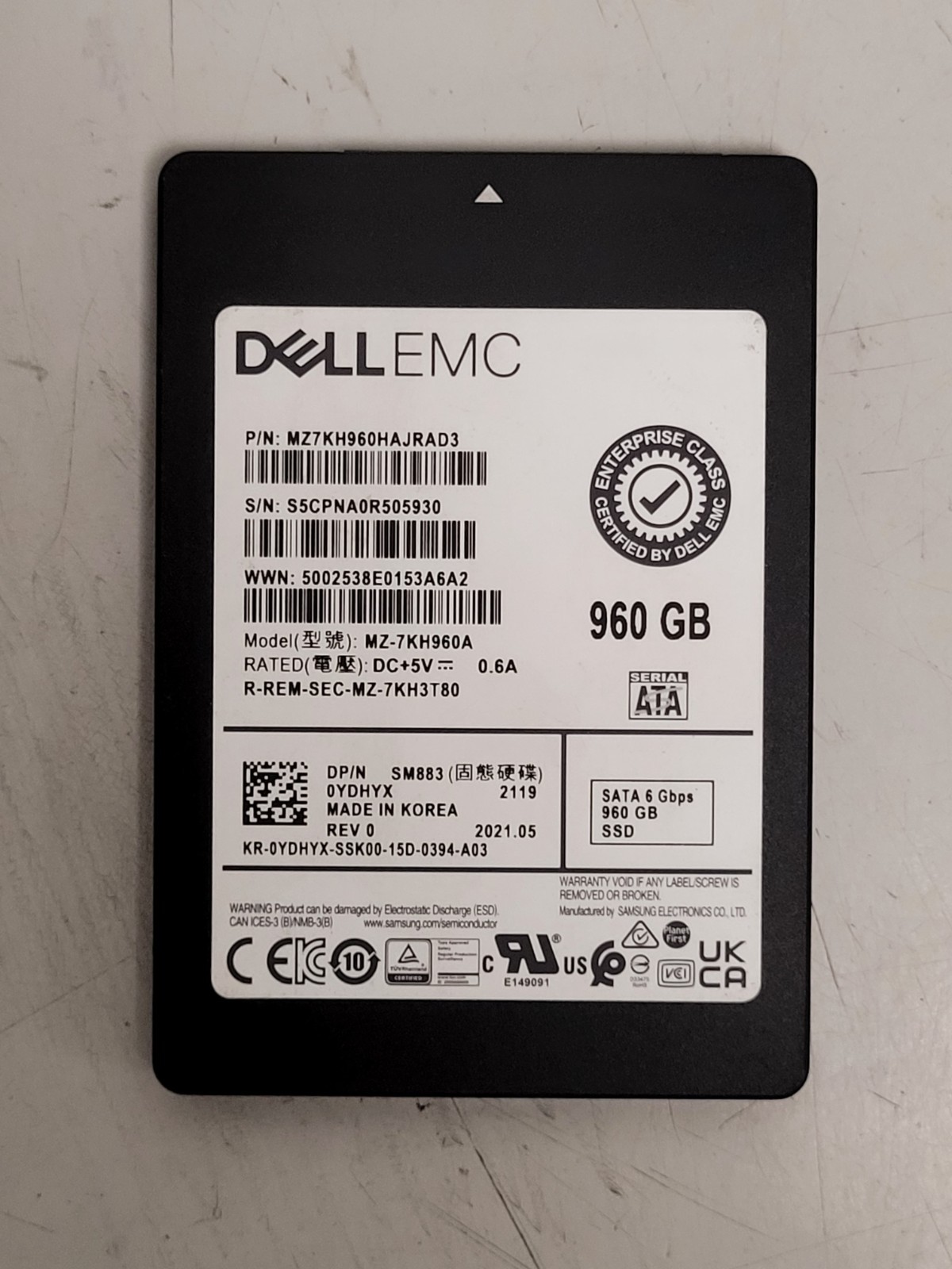 Dell EMC enterprise class 960gb ssd used tested S5CPNA0R505930