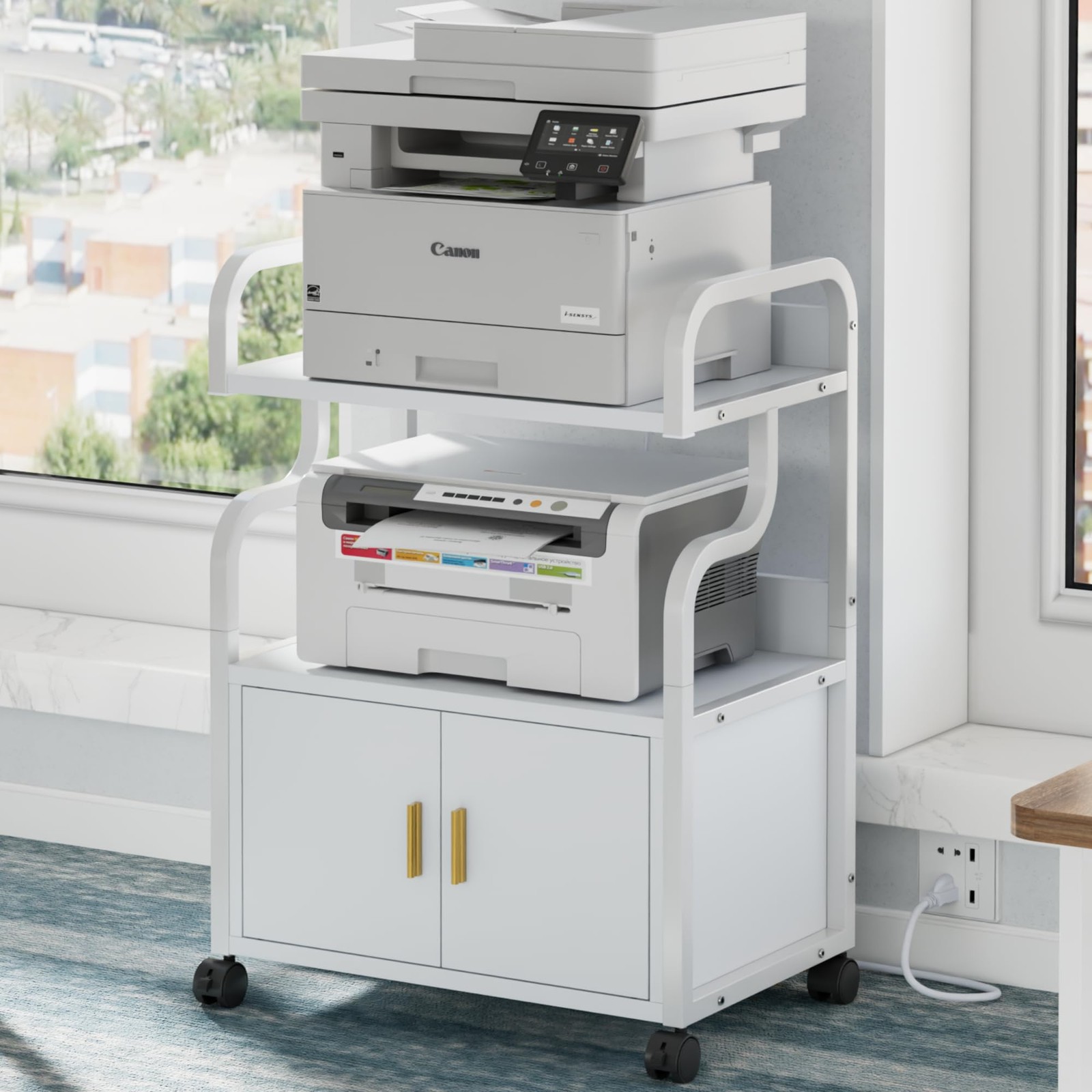 Large Printer Stand with Power Outlet, 3-Tier Rolling File Cabinet with Locka...
