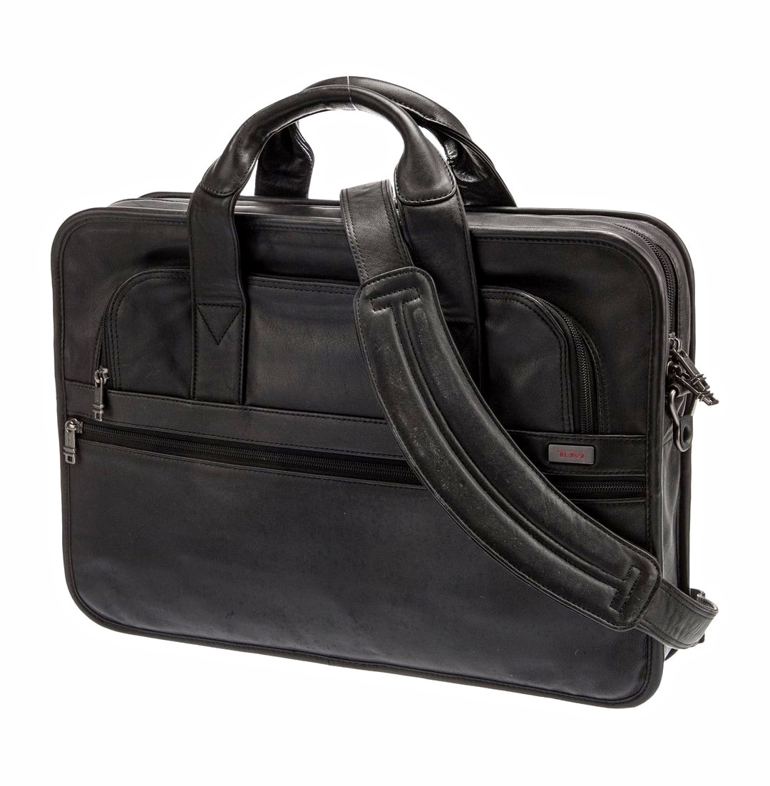 TUMI Black Leather Laptop Briefcase for 15in Laptop, Adjustable Shoulder Strap