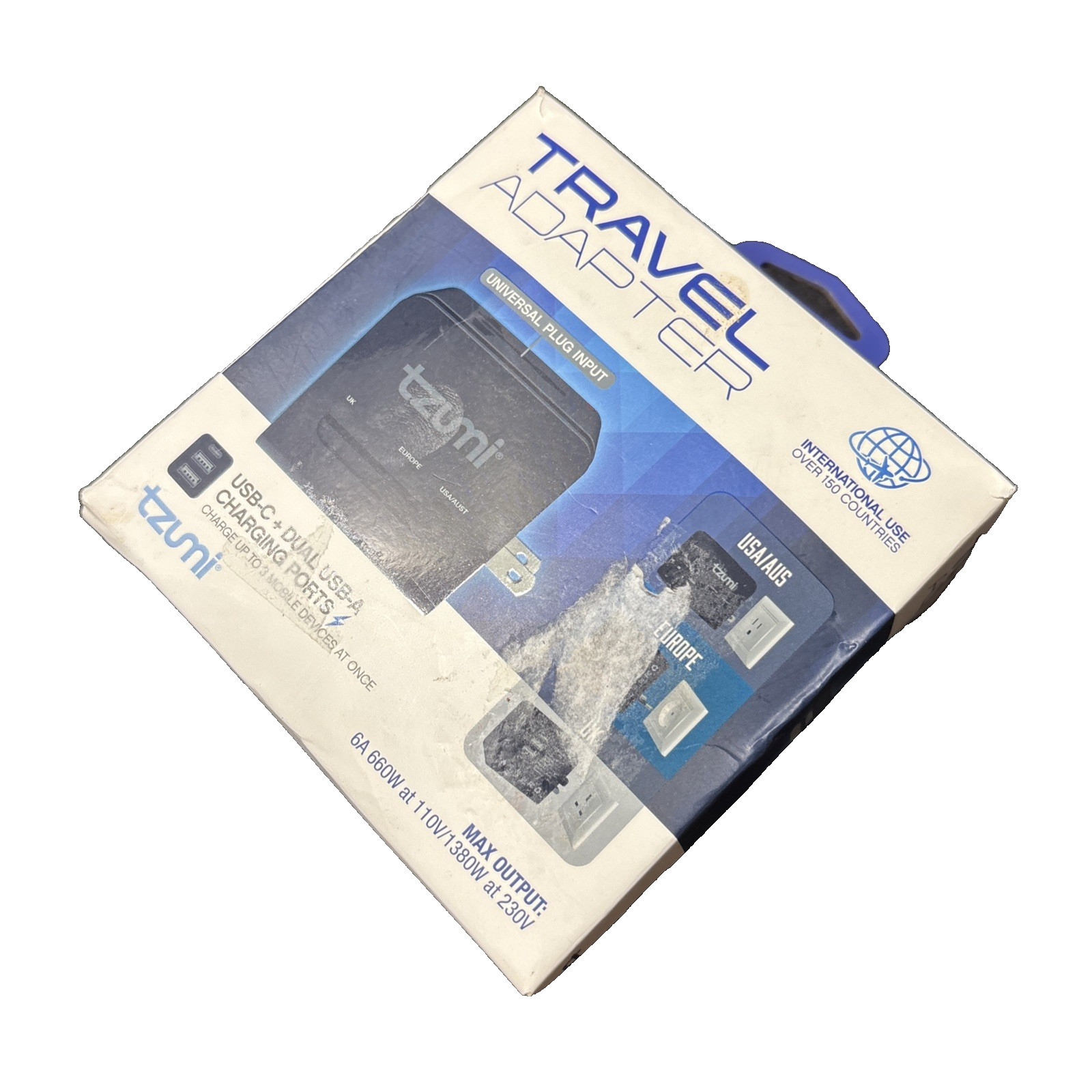 Tzumi 8481HD Dual USB & USB-C Travel Adapter Universal Charger New, Open Box