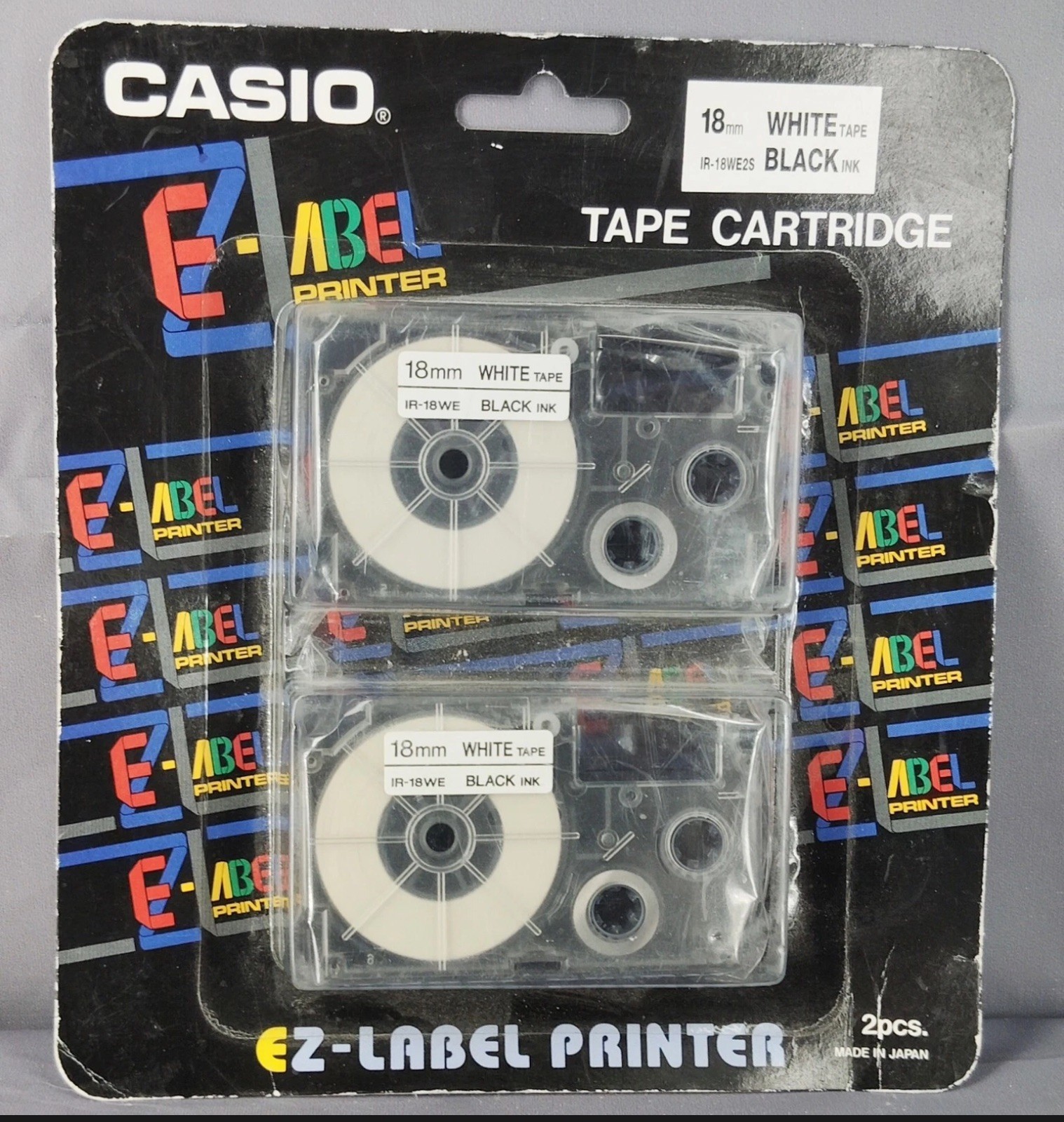 New Casio E-Z-Label Printer 18MM Black Ink White Tape 2-Pack IR-18WE2S