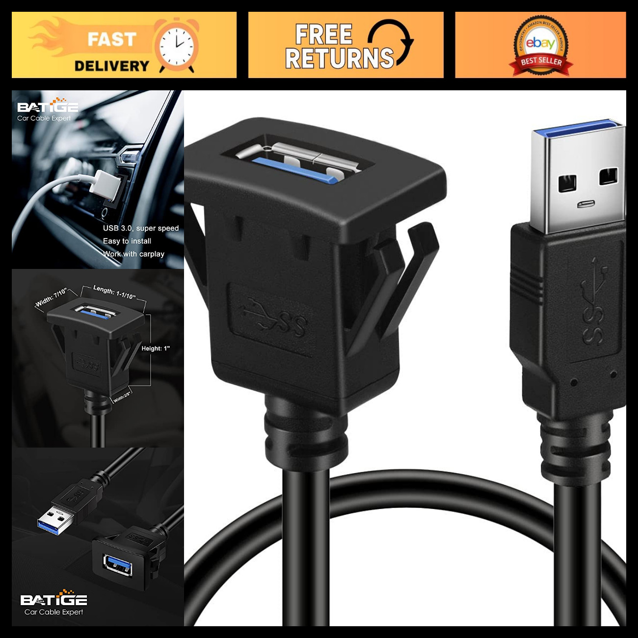 5-Pack 3ft USB 3.0 Flush Mount Extension Cable - Square Single Port Connector