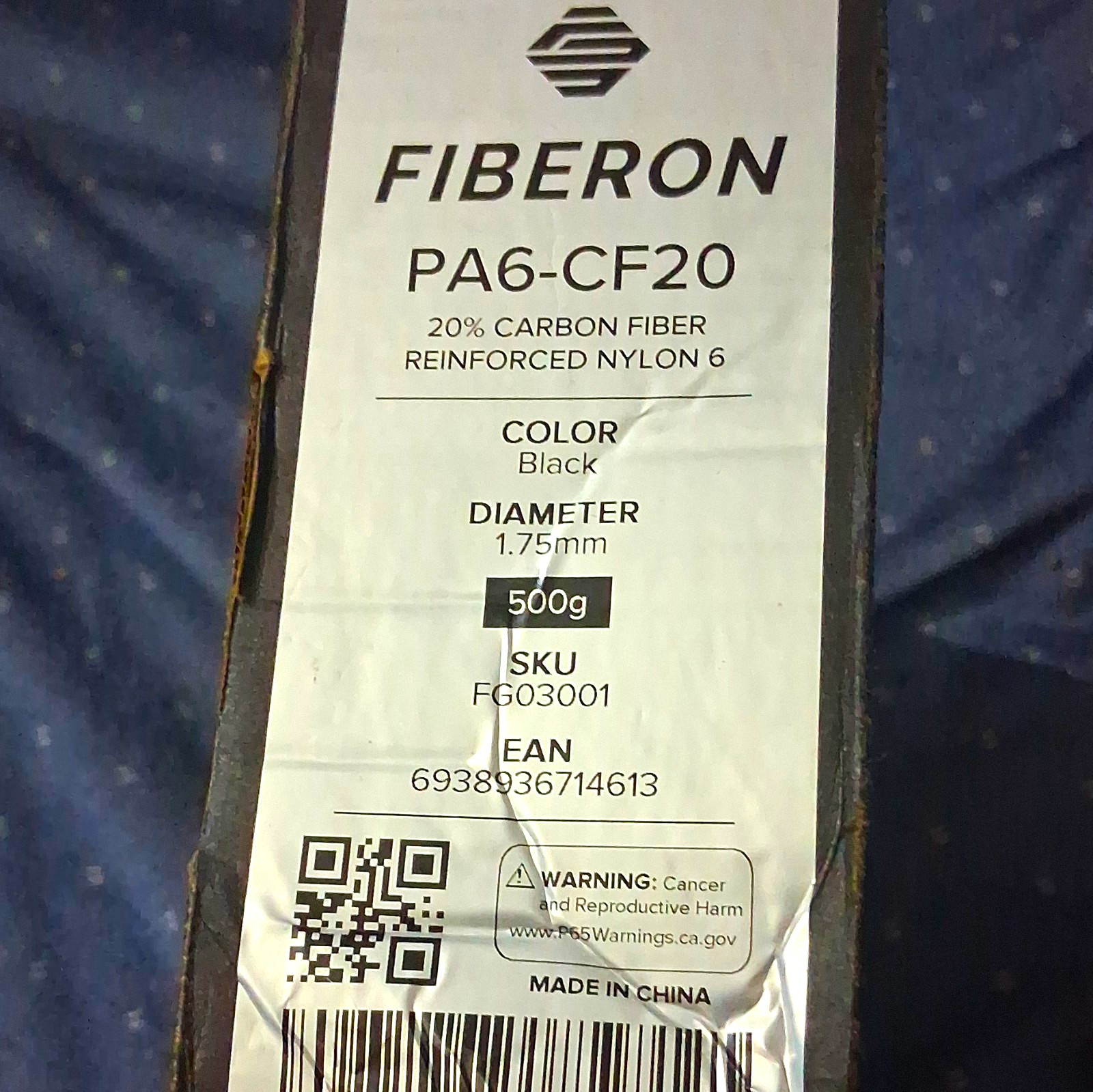 Fiberon PA6-CF20 Carbon Fiber Reinforced Nylon Filament 1.75mm Black 500g