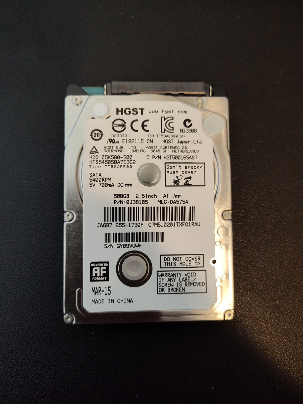 HGST Z5K500-500 500GB SATA 3GB/s 2.5 5400 RPM HDD HTS545050A7E362 Item 069