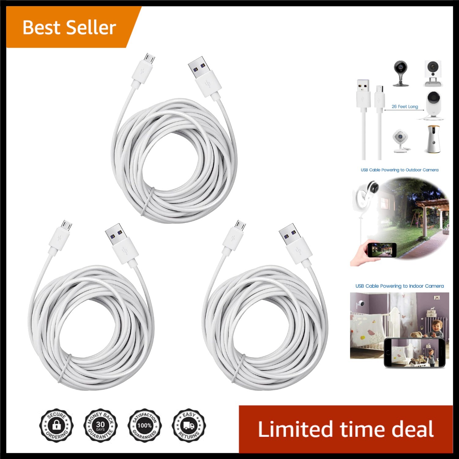 Reliable 25ft Micro USB Extension Cables for Wyze Cam & Yi Cameras - 3-Pack