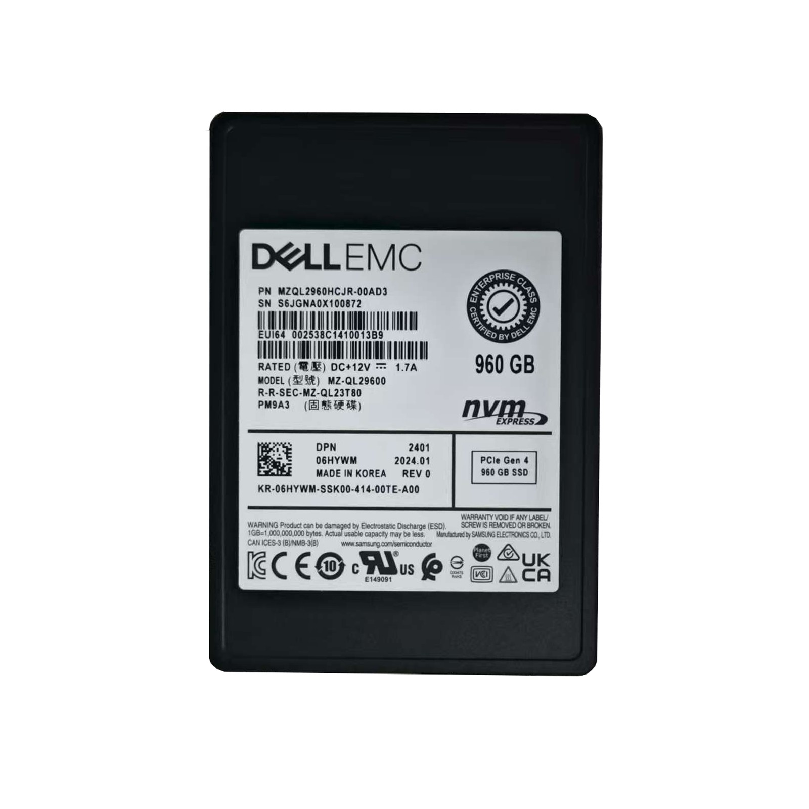 Samsung PM9A3 960G U.2 NVMe PCIE Gen4 MZQL960HCJR-00AD3 DellEMC DPN 06HYWM