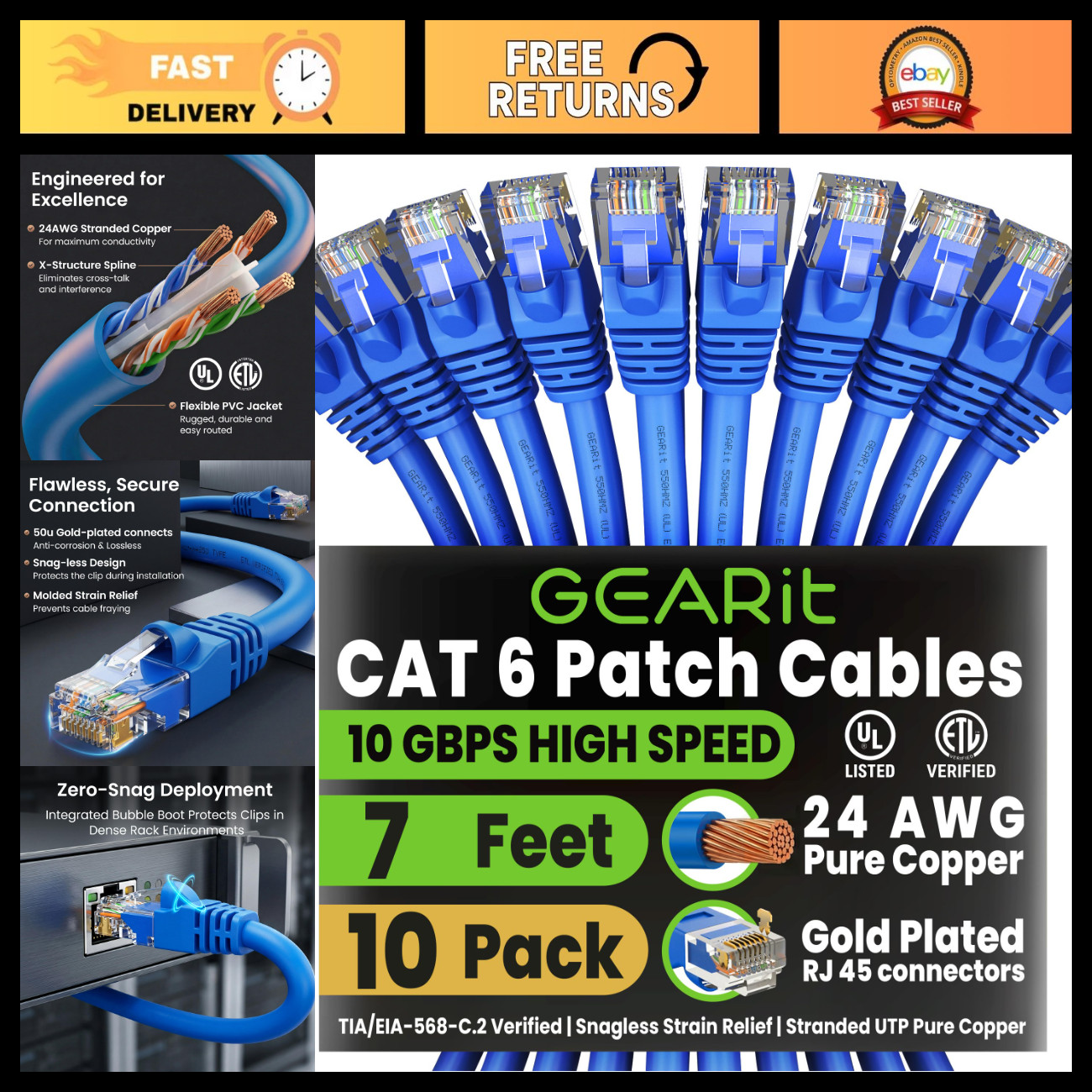 Cat6 Ethernet Cable 7ft - 10-Pack, High-Speed Network Patch Cables, Blue