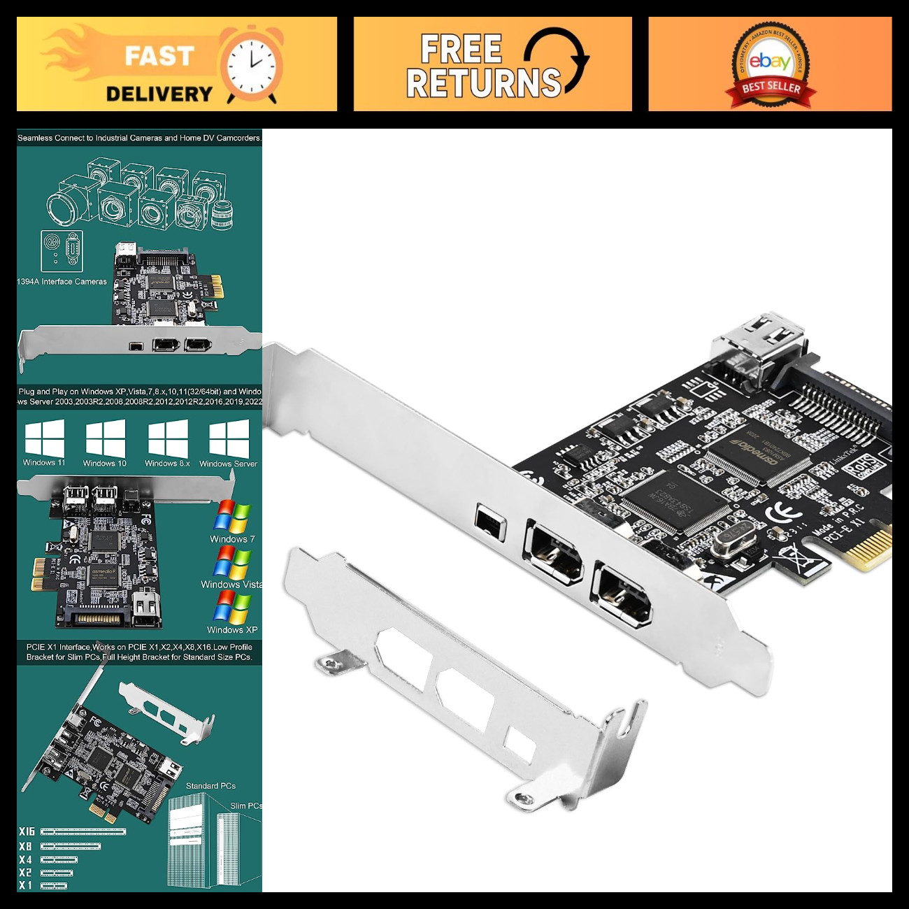 4-Port PCIe Firewire 400 Card, 1394A Interface, 3x 6Pin & 1x 4Pin, Cables Includ