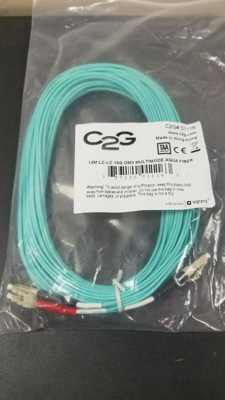 New C2G 01116 OM3 Fiber Optic Cable 12M LC-LC 10Gb 50/125 Duplex Multimode 01116