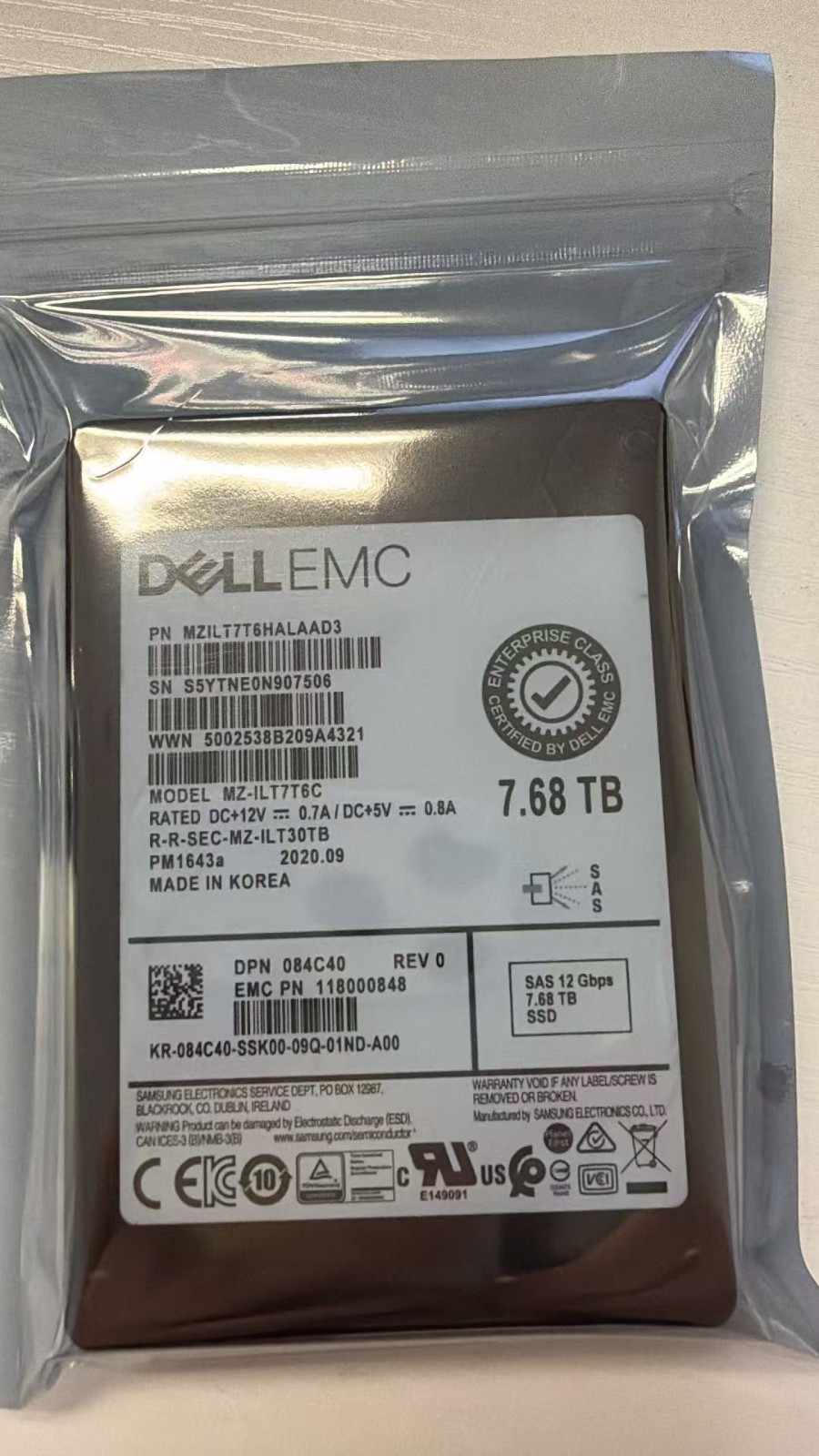 084C40 84C40 Dell 7.68TB SAS 12Gbps Read Intensive 2.5" SSD PM1643a MZ-ILT7T6C