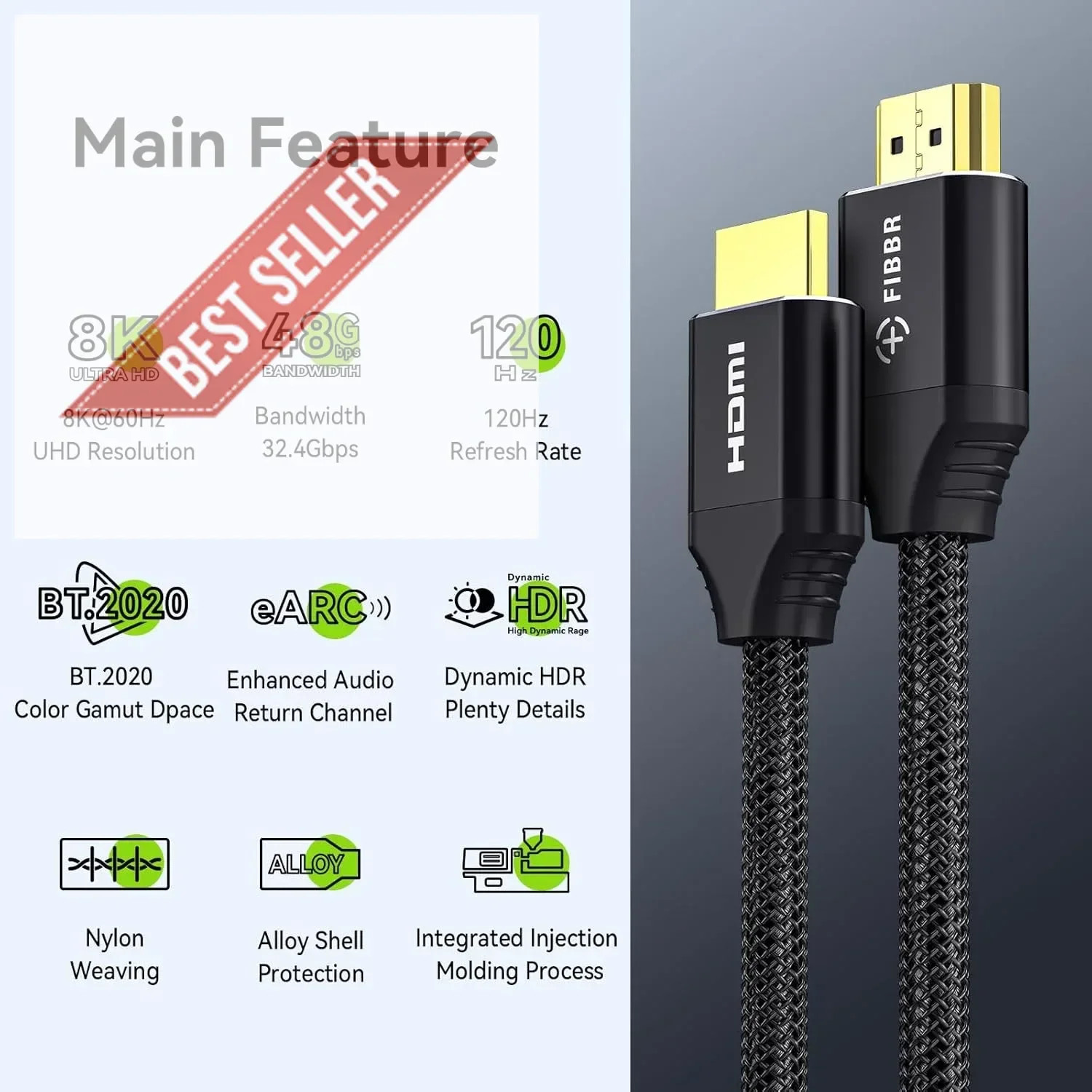 FIBBR 8K HDMI 2.1 Cable 6FT 48Gbps High Speed Cord 8K@60Hz 4K@120Hz eARC HDR