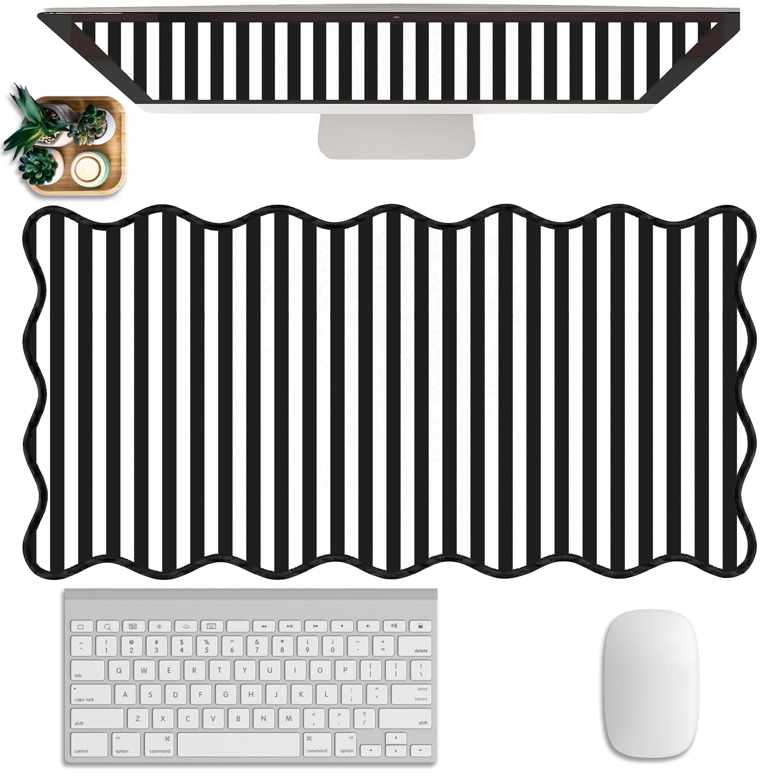 Scalloped Desk Mat Extended Large Cute Striped Pad Big Desk Pad XXL Aesthetic...