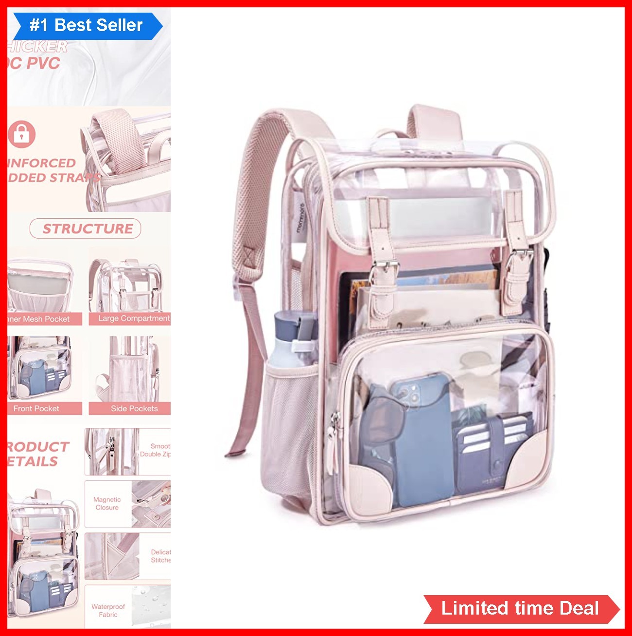 Clear Backpack 17 Inch PVC Water Resistant 15.6 Laptop Sleeve Padded Straps
