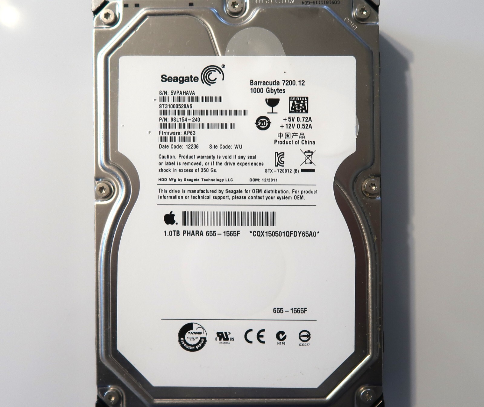 Seagate ST31000528AS 9SL154-240 AP63 (5VPA) WU China 1TB 3.5" Sata 12/2011