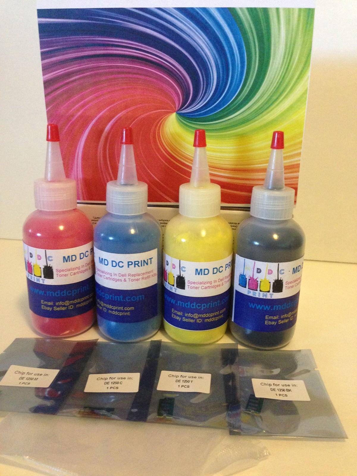 Quality Dell 1350 Laser Printer CYMK Toner refill Kit + 4-Resetting Chips.