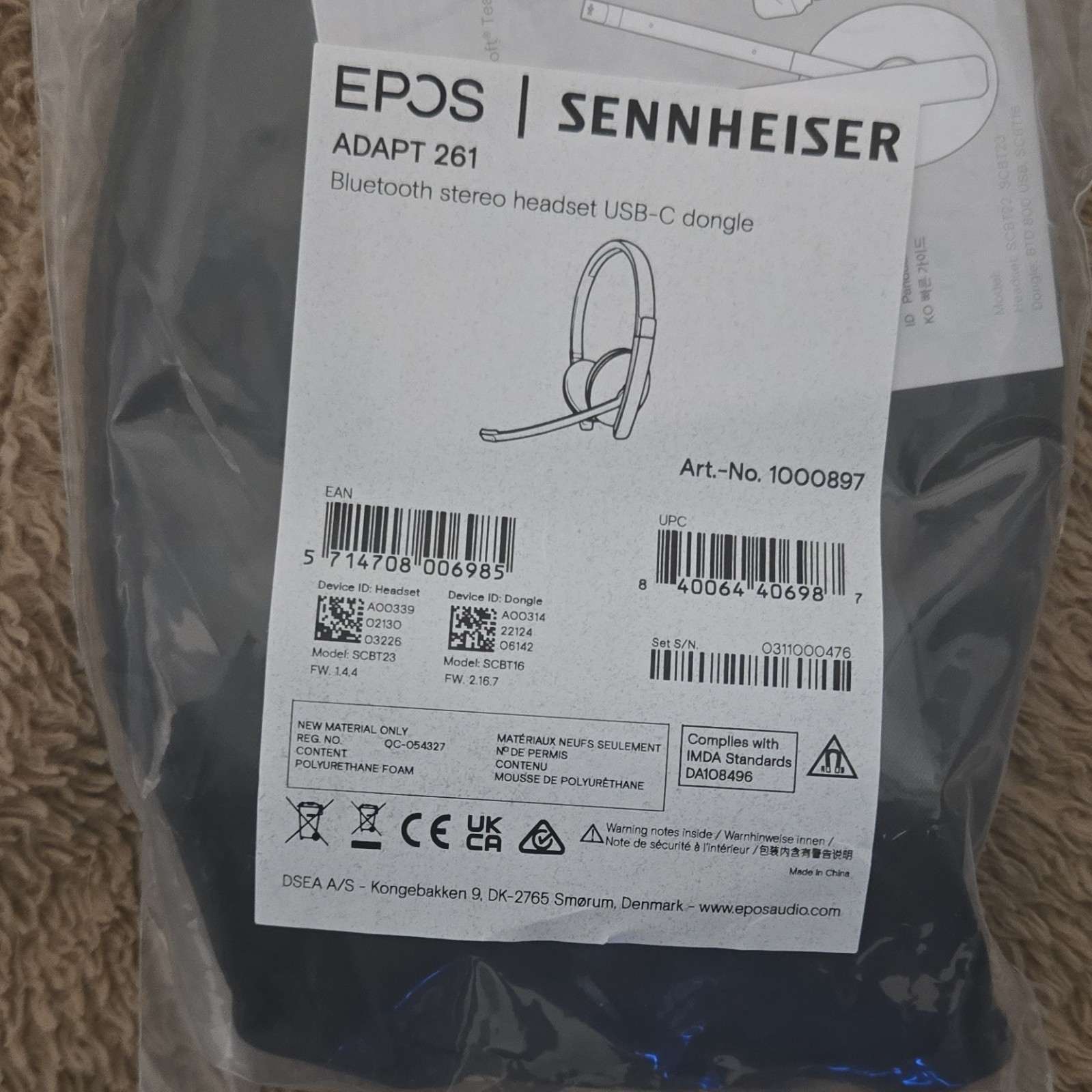 EPOS Sennheiser ADAPT 261 Bluetooth Headset USB-C Dongle Double Boom Mic Black