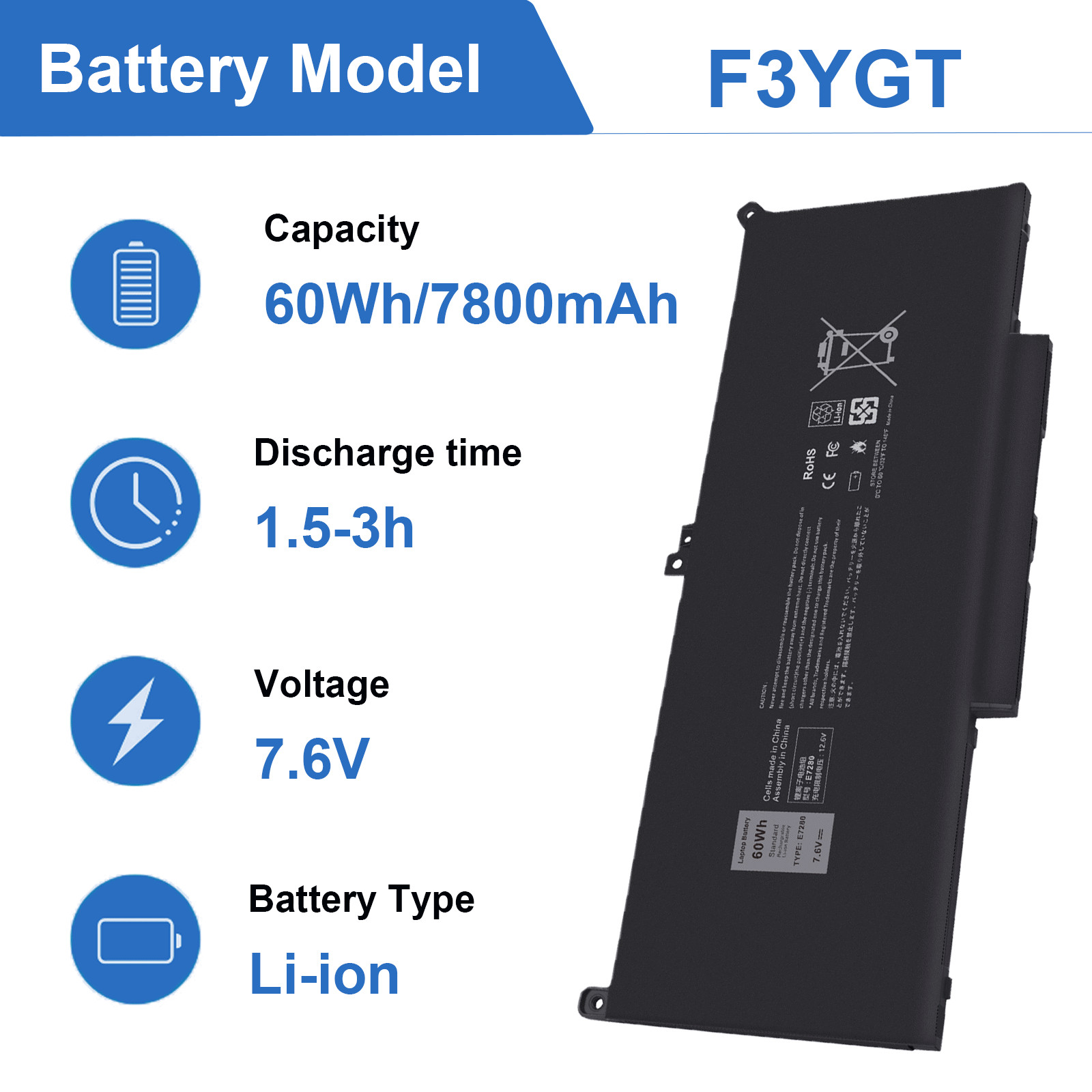 2Types-F3YGT/DJ1J0 Battery for DELL Latitude 12 13 14 7280 7380 7480 E7280 E7380