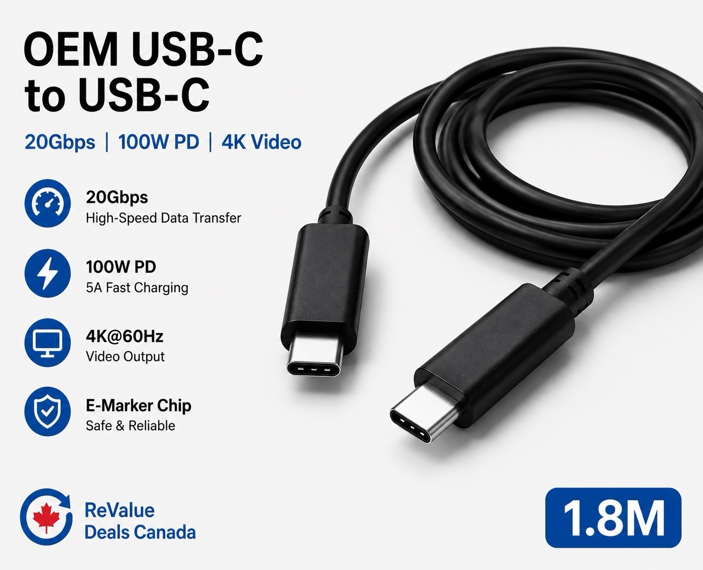 USB-C to USB-C Cable 1.8 M 100W 5A 20Gbps Data Video Dock Cable OEM