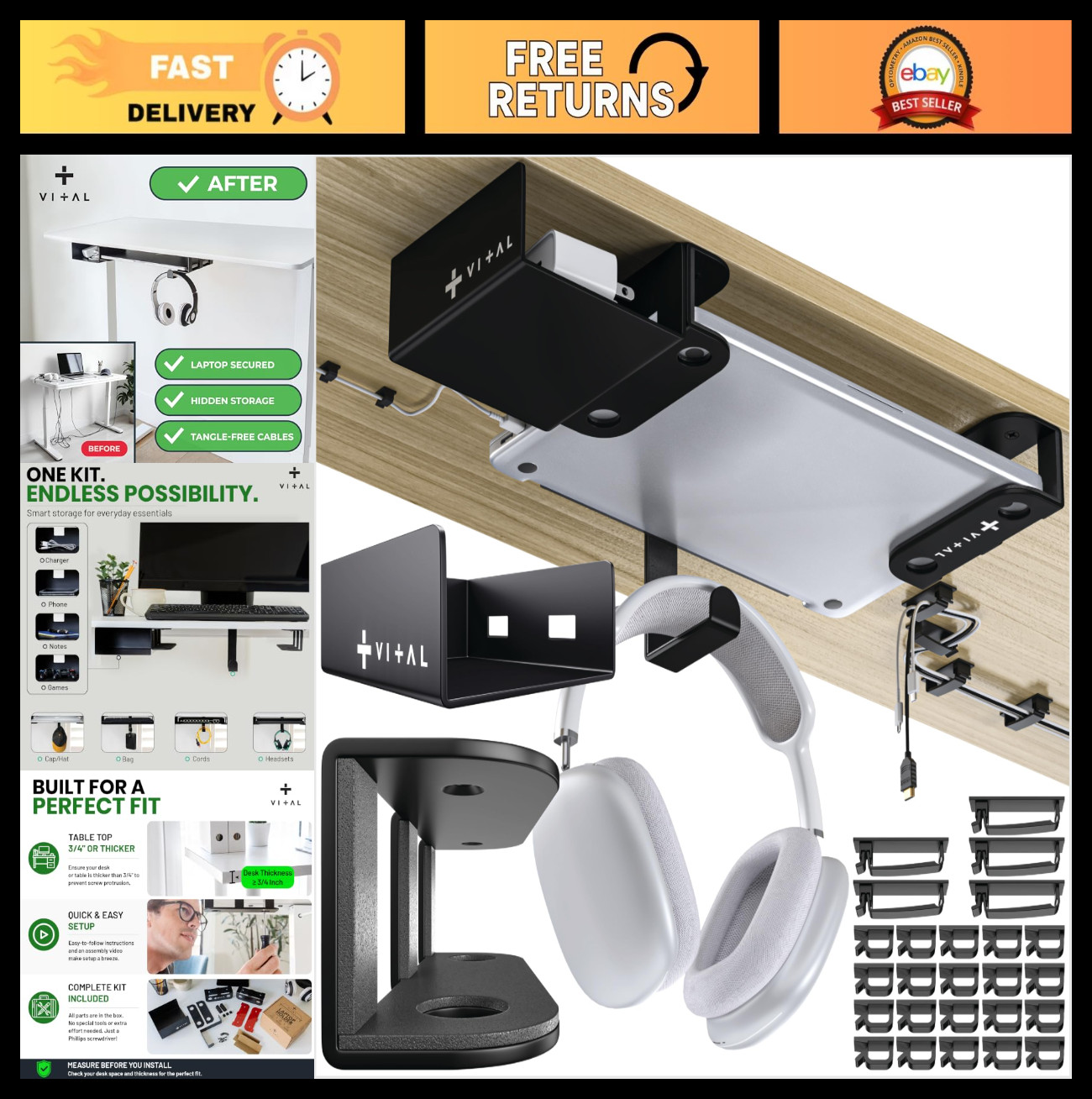 Under Desk Laptop Mount - Hidden Metal Shelf with Side Storage