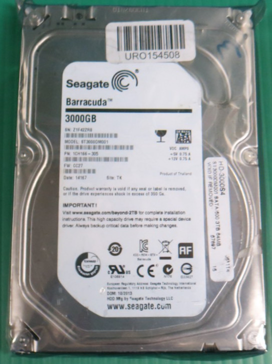 Seagate 3TB / 64MB / SATA / 7.2K / 3.5" HDD / ST3000DM001 / 1CH166-305 / Refurb