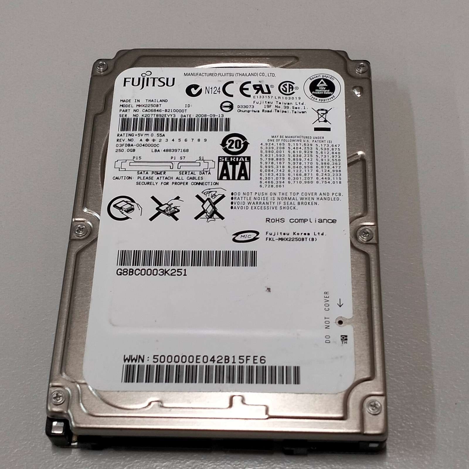 Genuine Fujitsu 250GB 2.5" HDD MHX2250BT SATA 3Gb/s 4200 RPM CA06846-B210000T