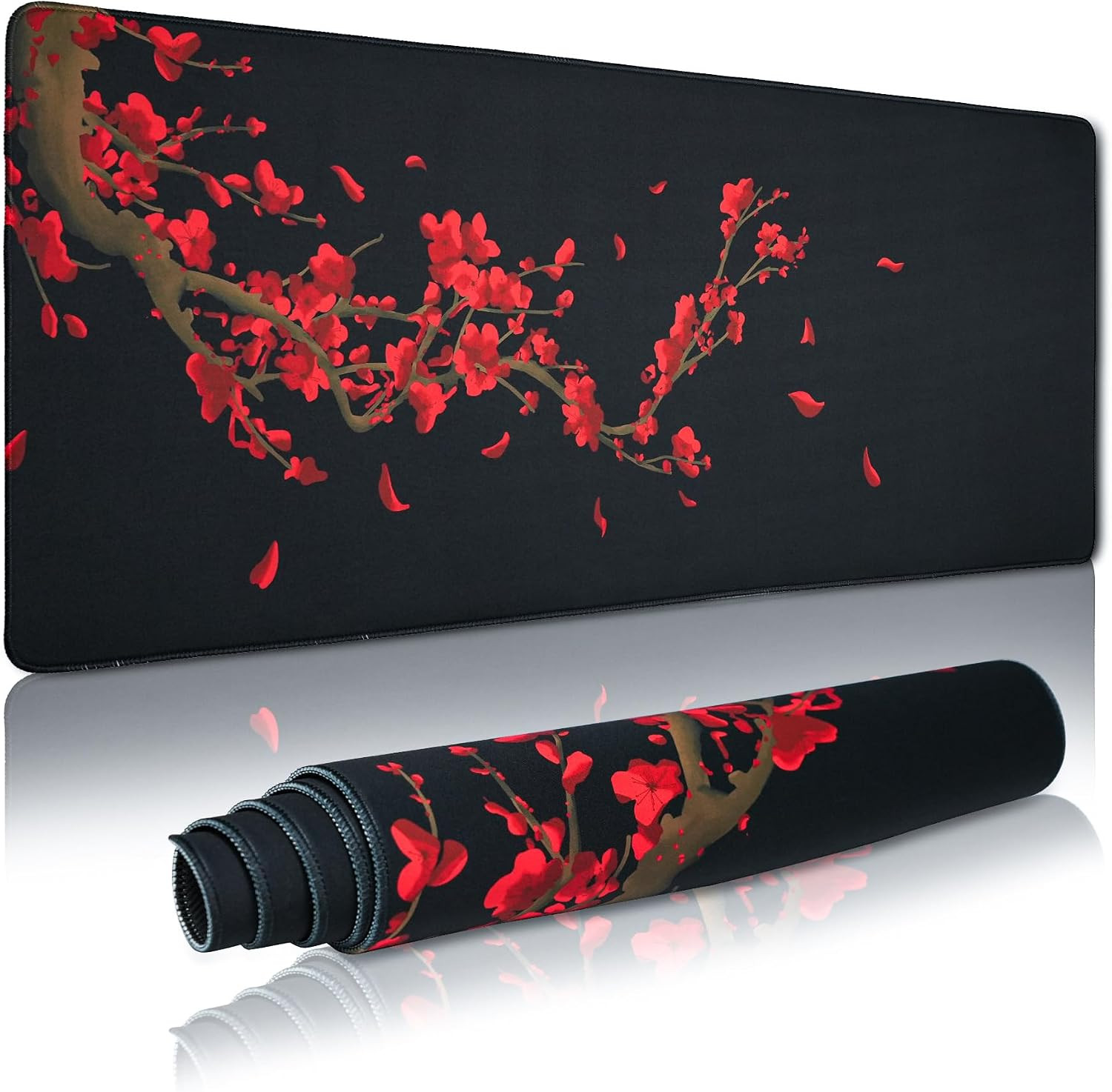 Large Gaming Mouse Pad for Desk, Black Plum Blossoms XXL Mouse Pad, 35.4X15.7 In