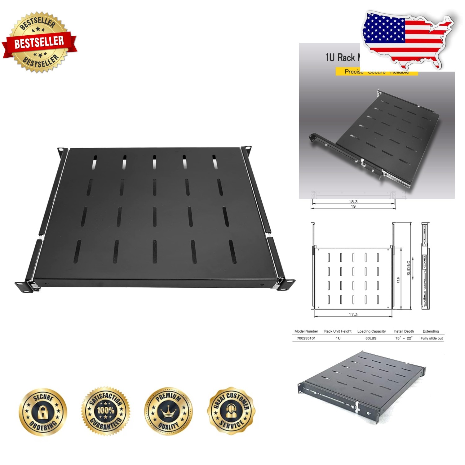 Heavy Duty 1U Sliding Rack Shelf 19" Adjustable 15-22" Cold Rolled Steel