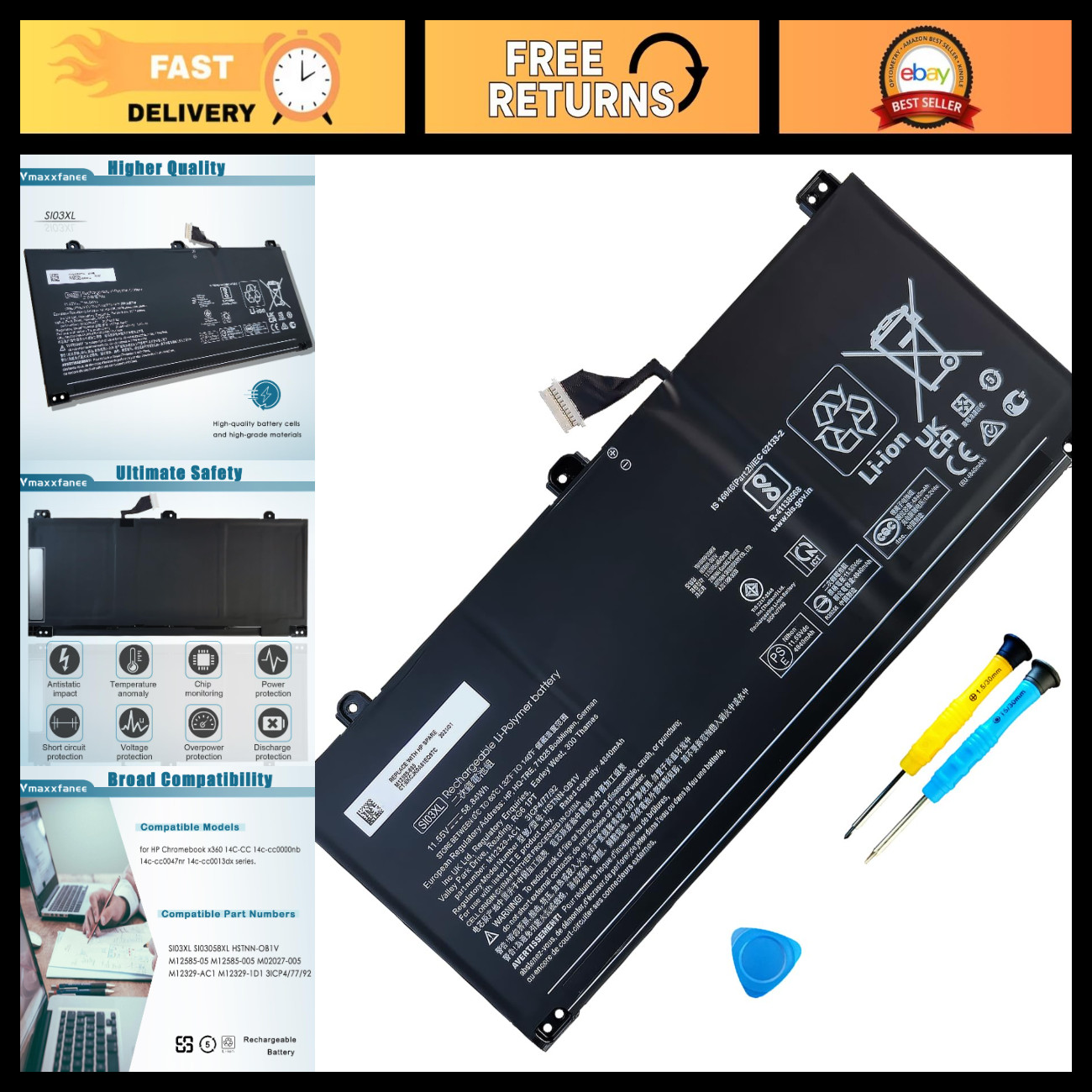 58.84Wh Laptop Battery Replacement for HP Chromebook x360 14C-CC Series SI03XL