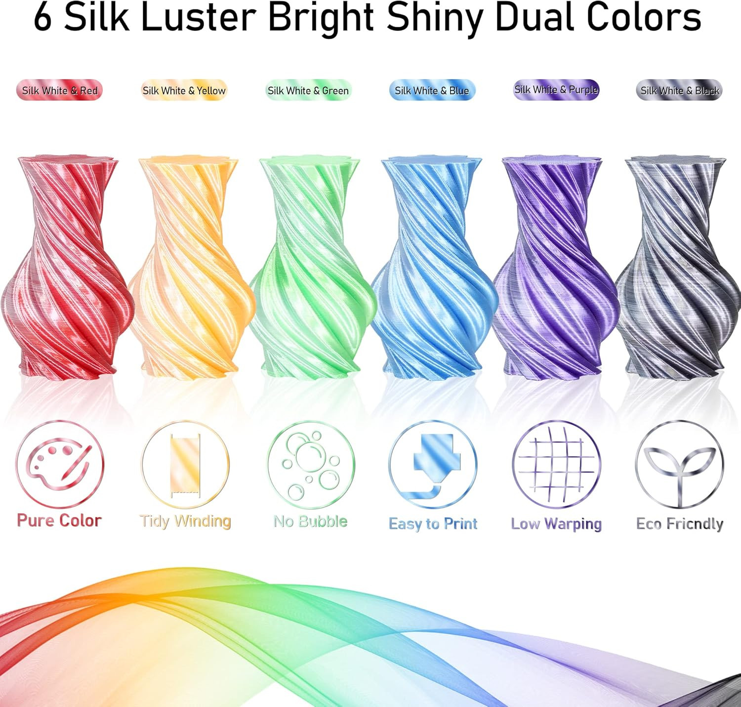 Dual Color 1.75Mm 3D Printer Filament Bundle, Silk PLA 6 Spools Pack - White ...